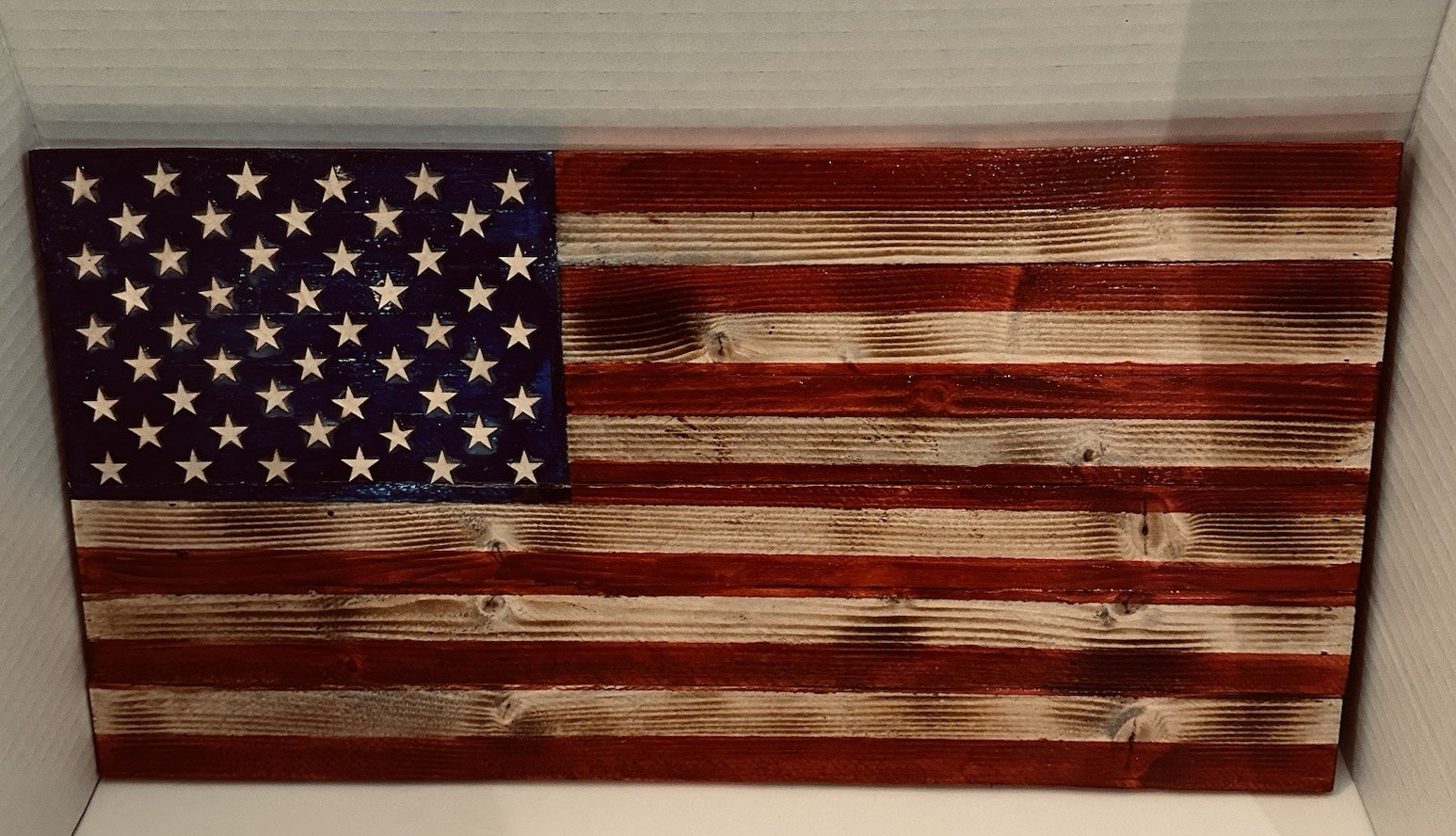 Handmade Wooden American Flag – stressed burnt wood 9″x18″ indoor/covered porch