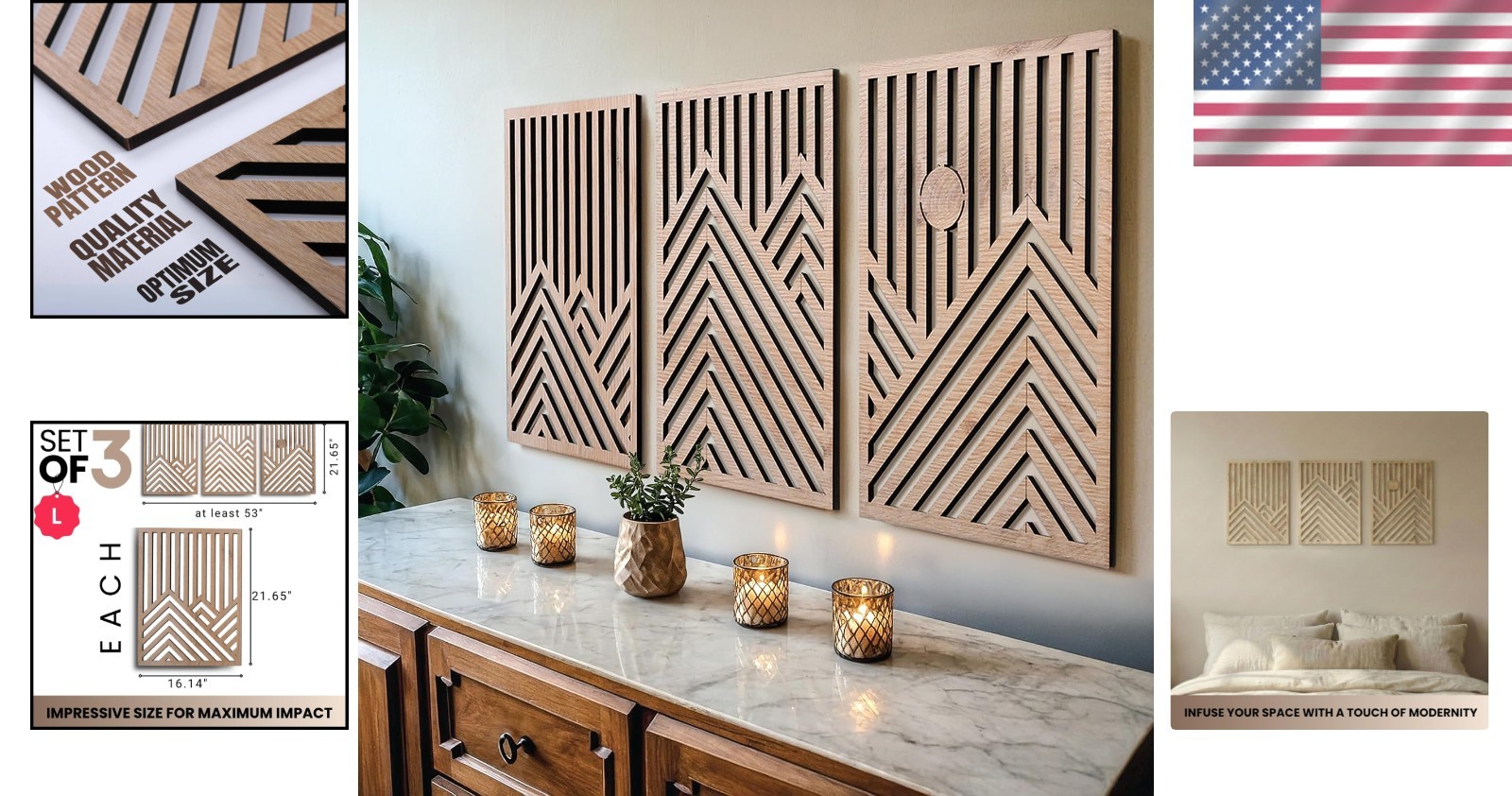 Elegant Oak Wall Sculptures – Set of 3 – Modern Home Accent