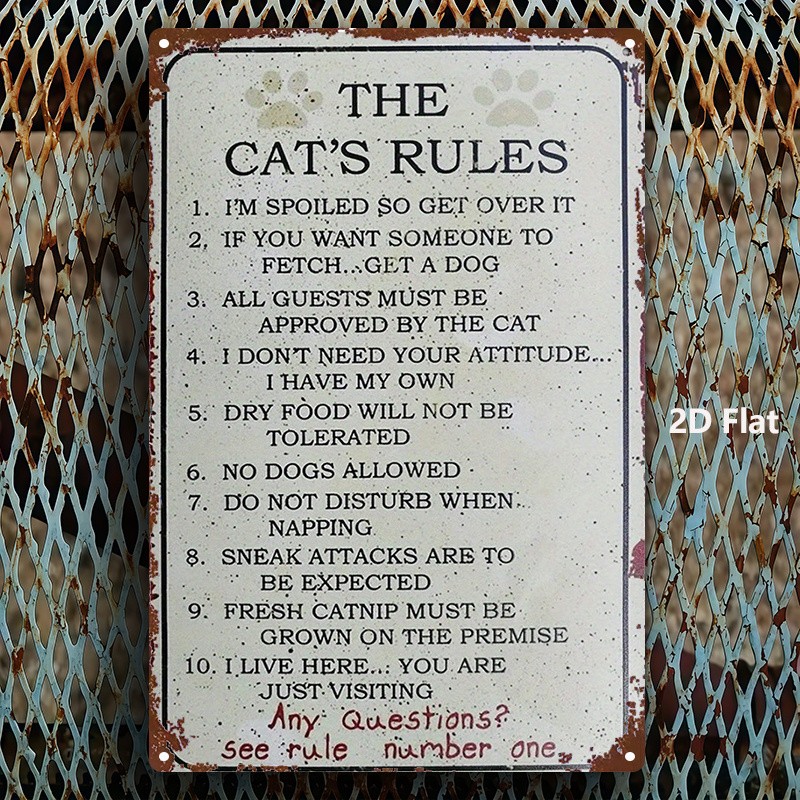 Metal Cat Rules Sign 8×12 Inches Iron Decorative Plaque