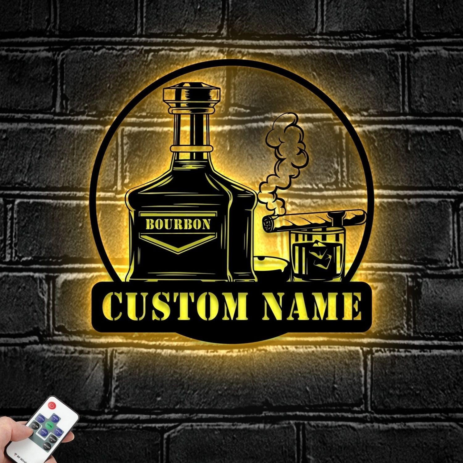 Personalized Bourbon Cigar Metal Sign With LED, Custom Whiskey Smoke Name Decor