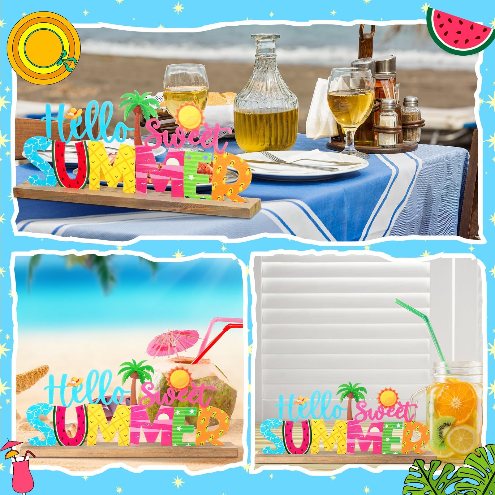Colorful Hello Summer Metal Sign with Wooden Base Indoor Tabletop Decorations