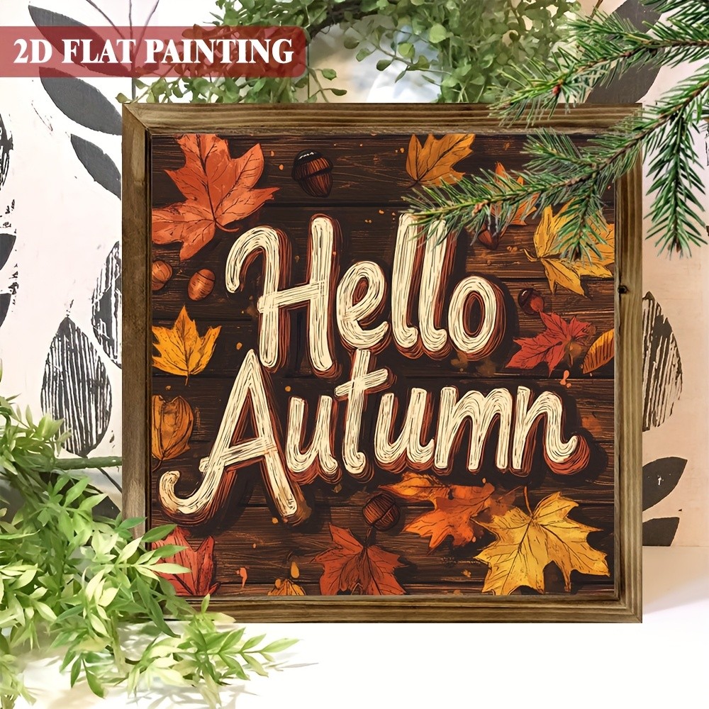 Wooden Frame Print Hello Autumn Maple Acorn Vintage Wooden Sign Wall Decor