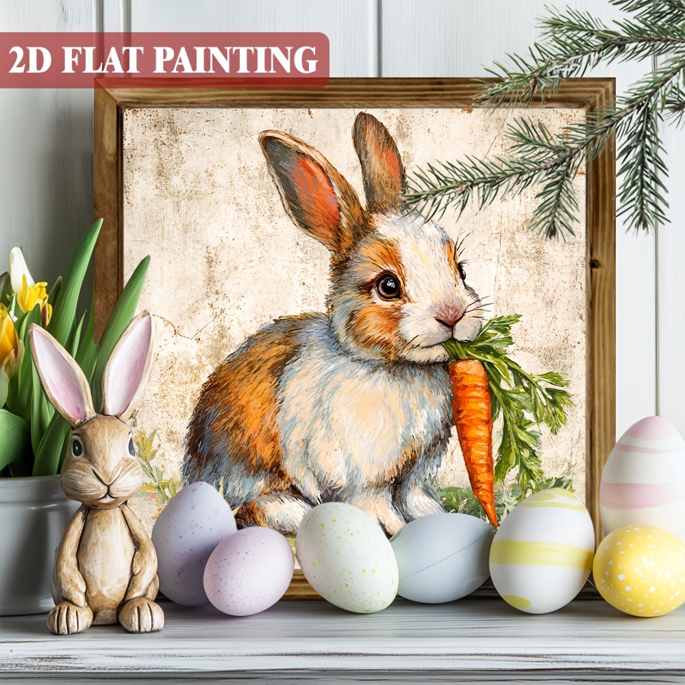 Easter Brown White Bunny With Carrot Wooden Plaque Vintage Farmhouse Wall Decor