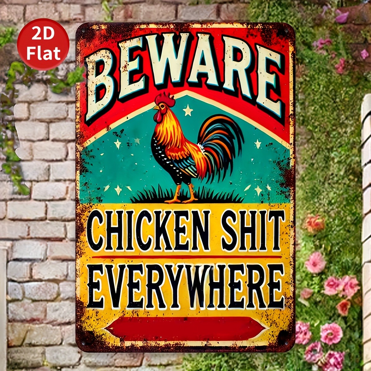 Beware Chicken S*** Everywhere Tin Sign Funny Rooster Metal Farmhouse Wall Decor