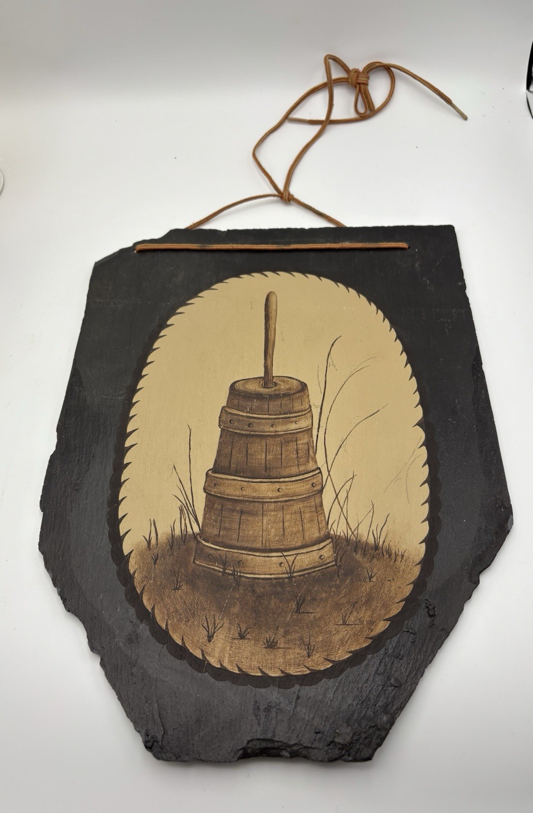 Black Slate Wall Hanging With Painted Butter Churn Black Beige Brown