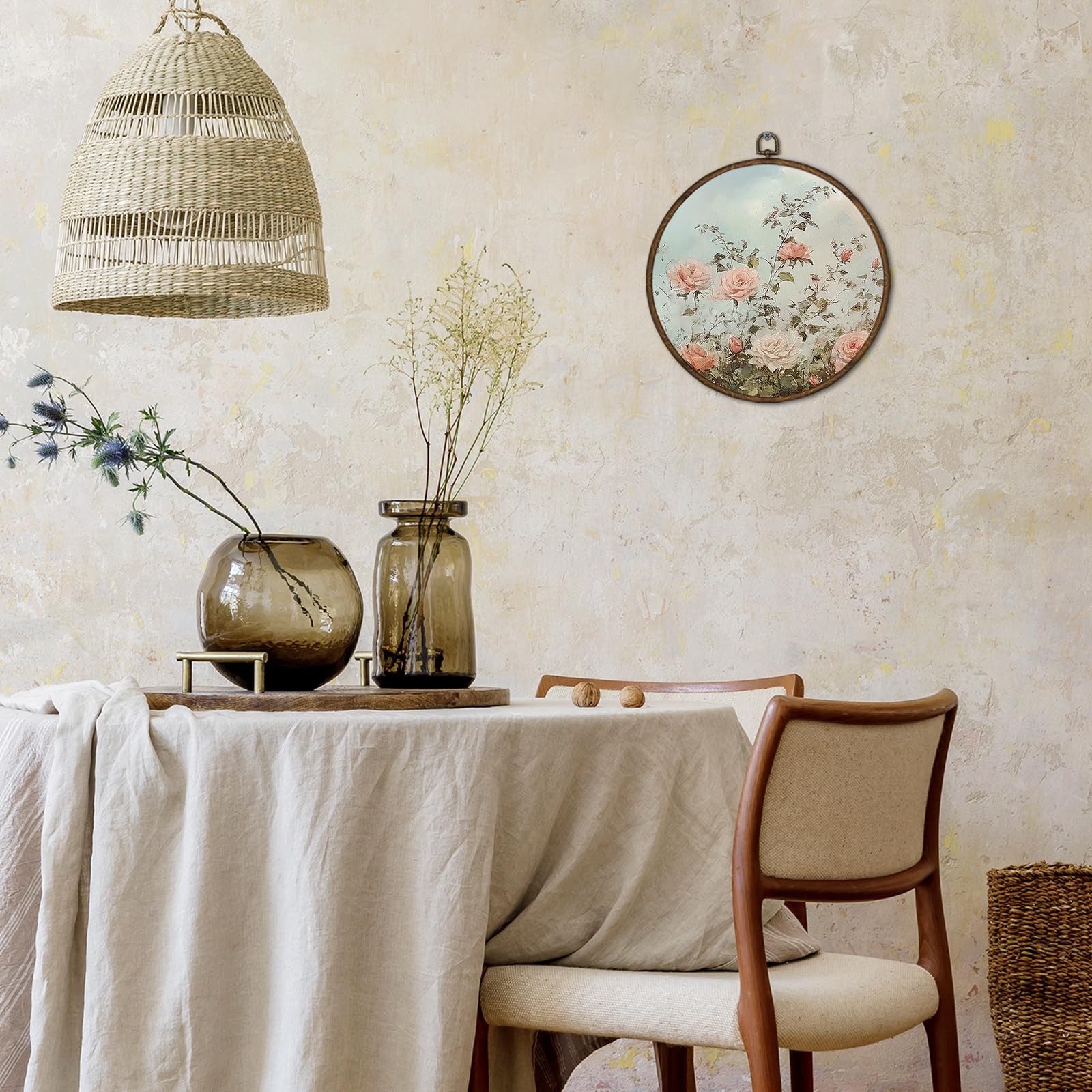 French Country Floral Wall Art Decor Framed, Vintage Flower Round Wall Decor,…