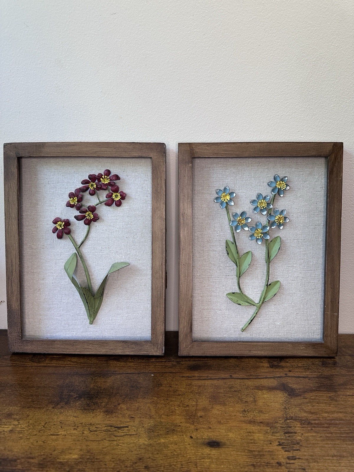 Vintage 3D Metal Flower Shadow Box Framed Wall Art Set of 2 Burlap Linen Floral