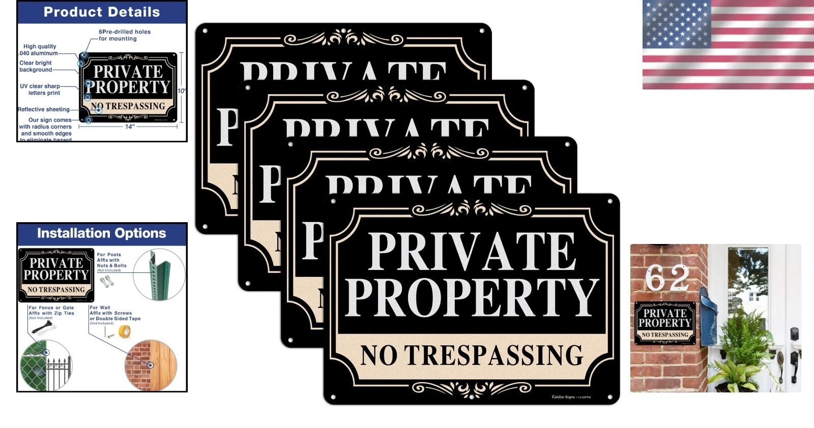 Sturdy and Elegant No Trespassing Sign – 14×10 Inch Weatherproof Metal, 4 Pack