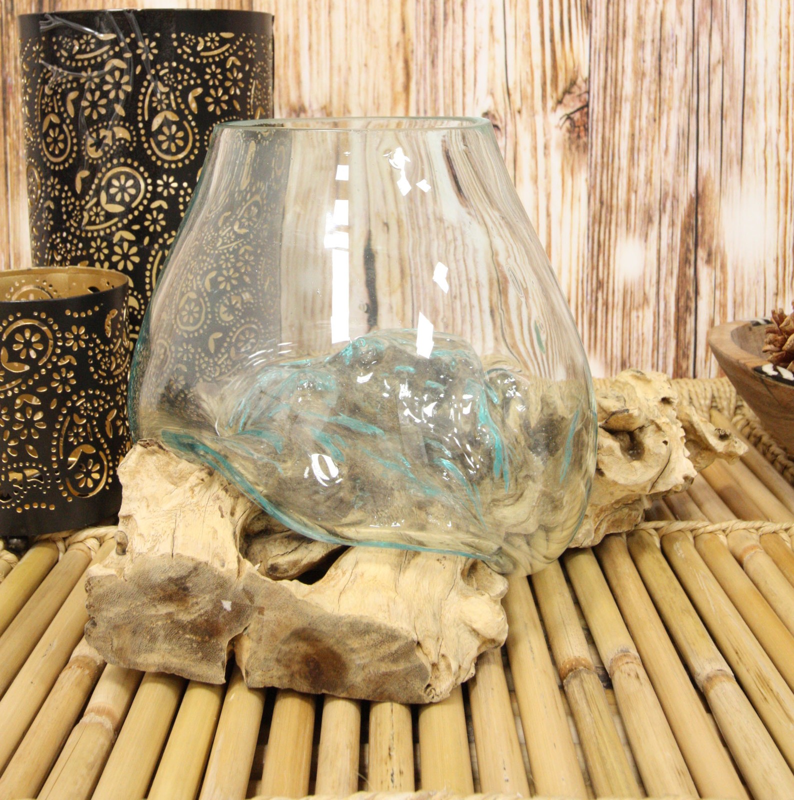 Balinese Handicraft Natural Driftwood With Fitted Hand Blown Glass Bowl 7″L