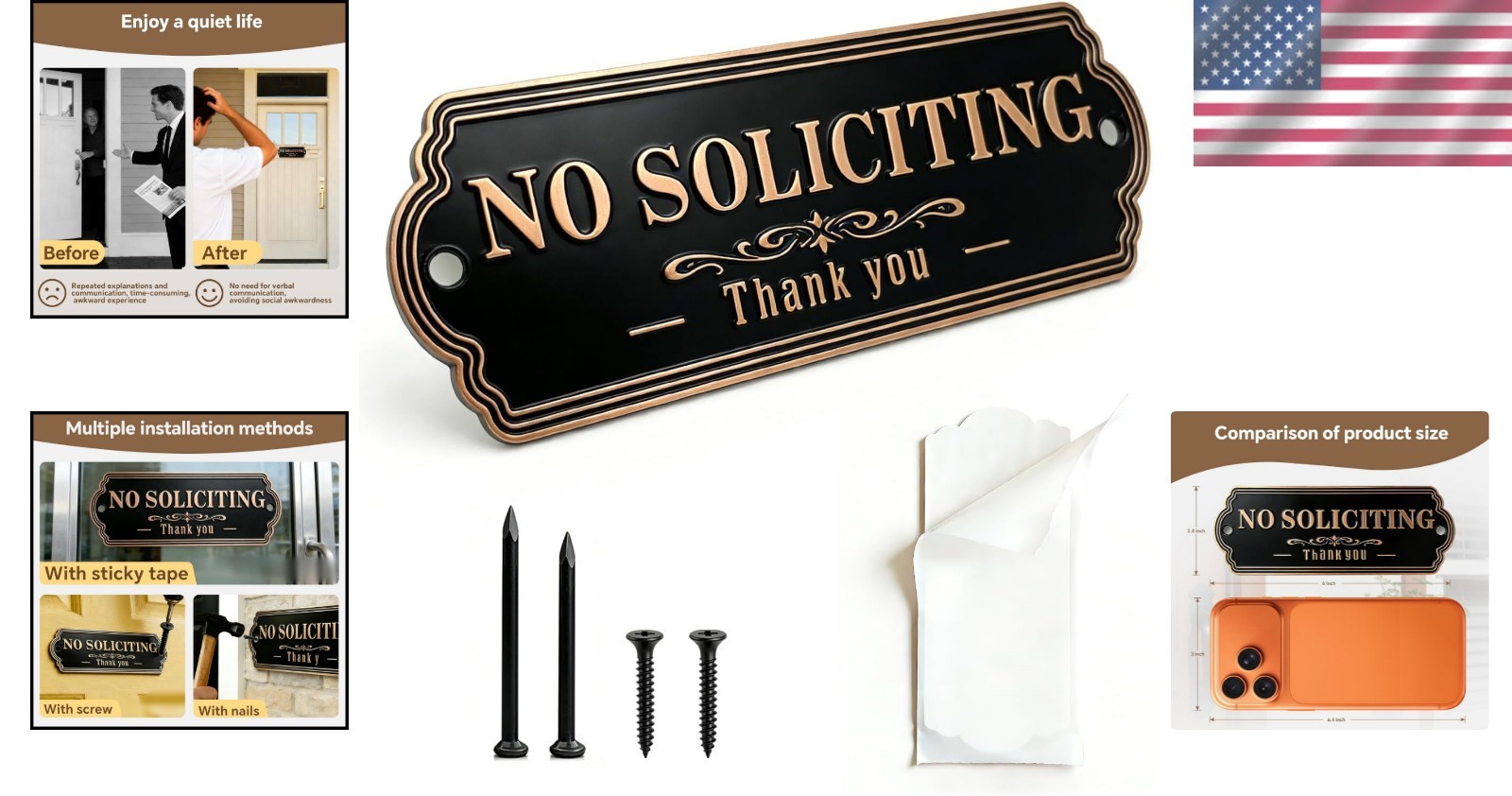 No Soliciting Sign Brass Durable No Soliciting Sign for Front Door House Office