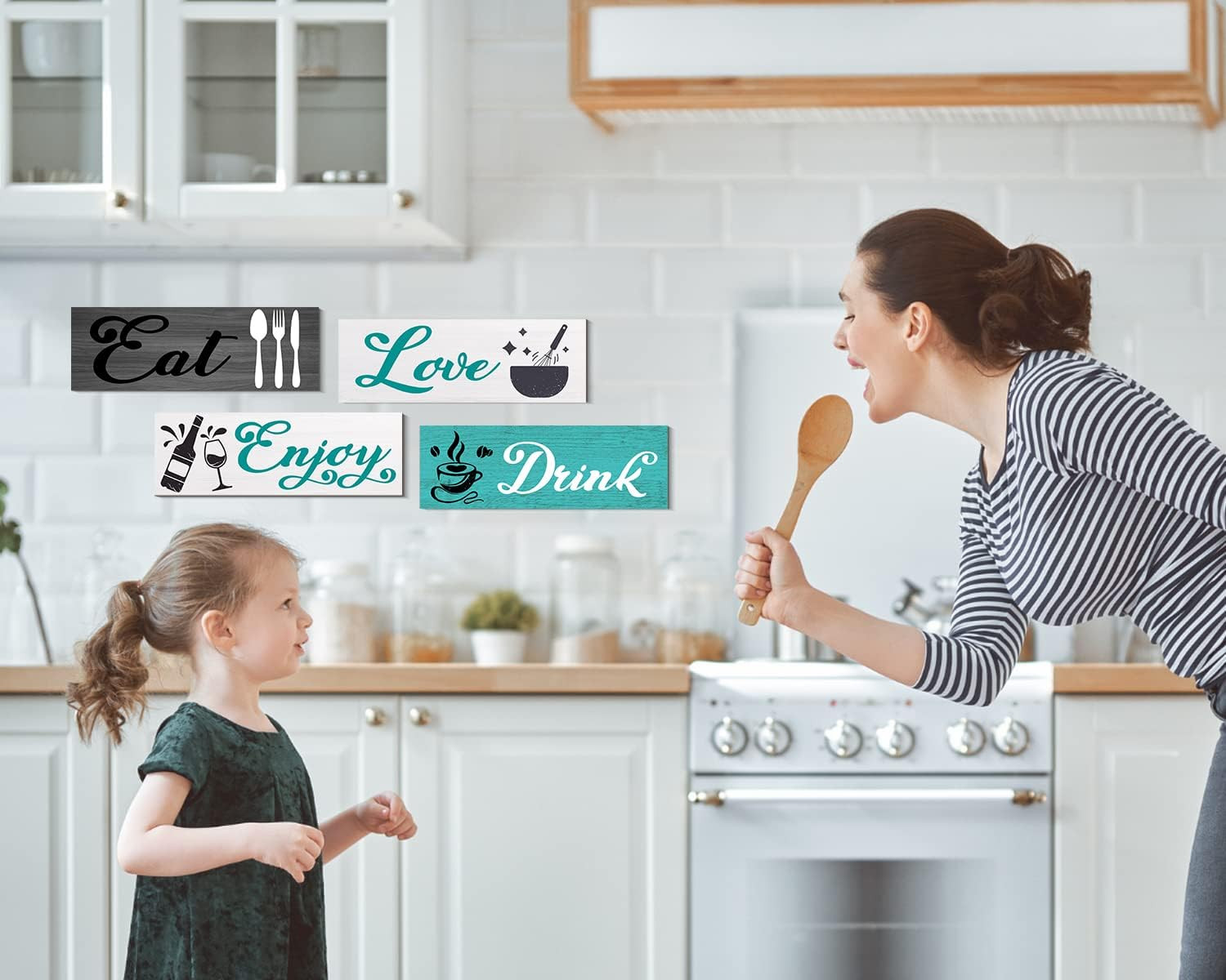 Kitchen Decor Dining Room Wall Art Rustic Wooden Hanging Teal Turquoise Kitchen
