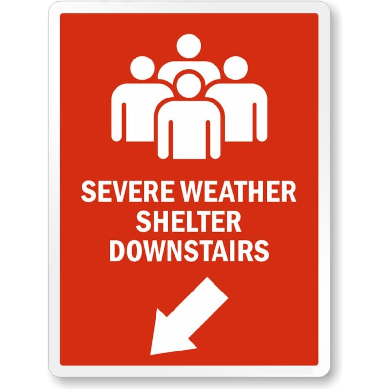 Severe Weather Shelter Downstairs Left Down Arrow Aluminum Weatherproof Sign