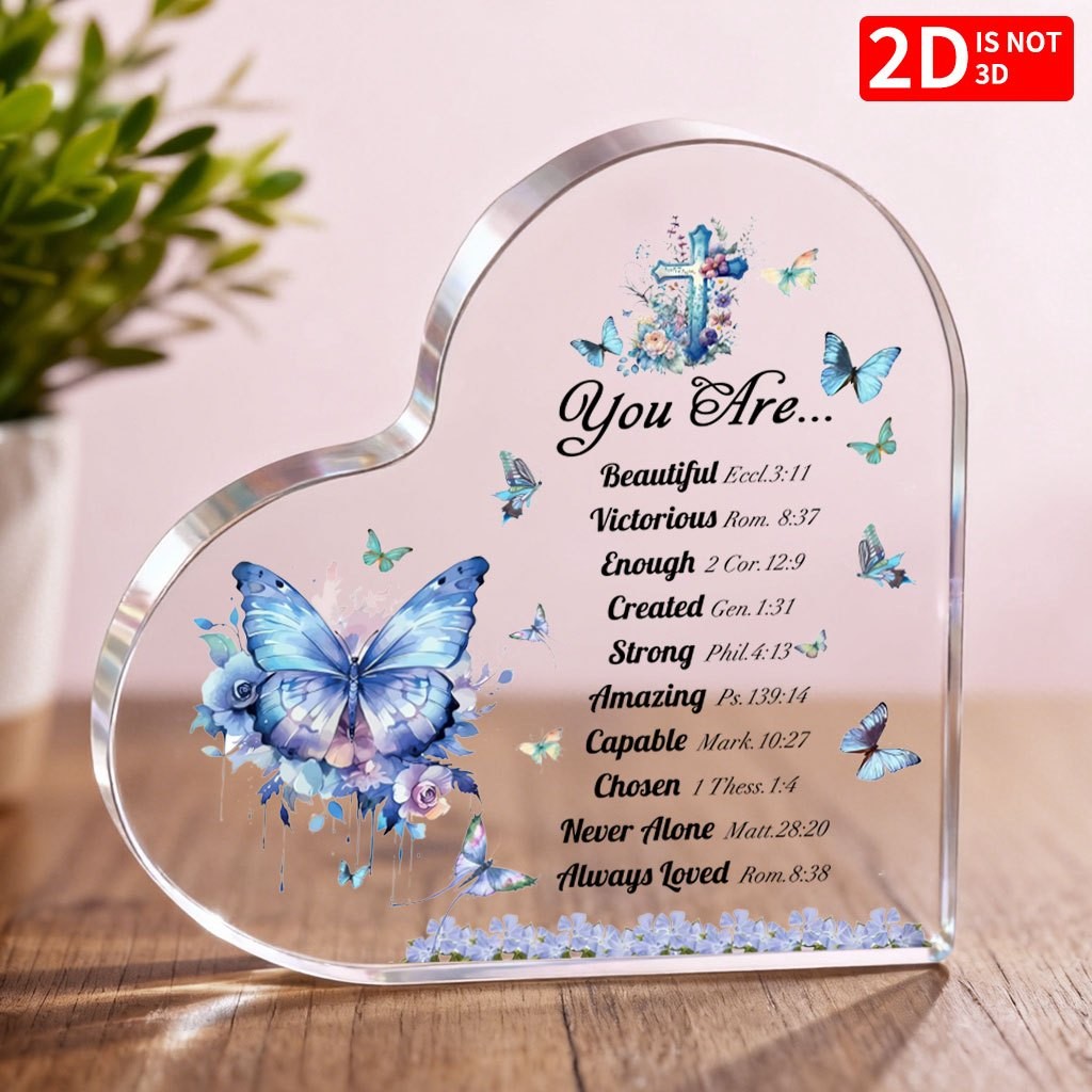 Heart Acrylic Plaque Watercolor Blue Butterfly Floral Cross Bible Verse Gift