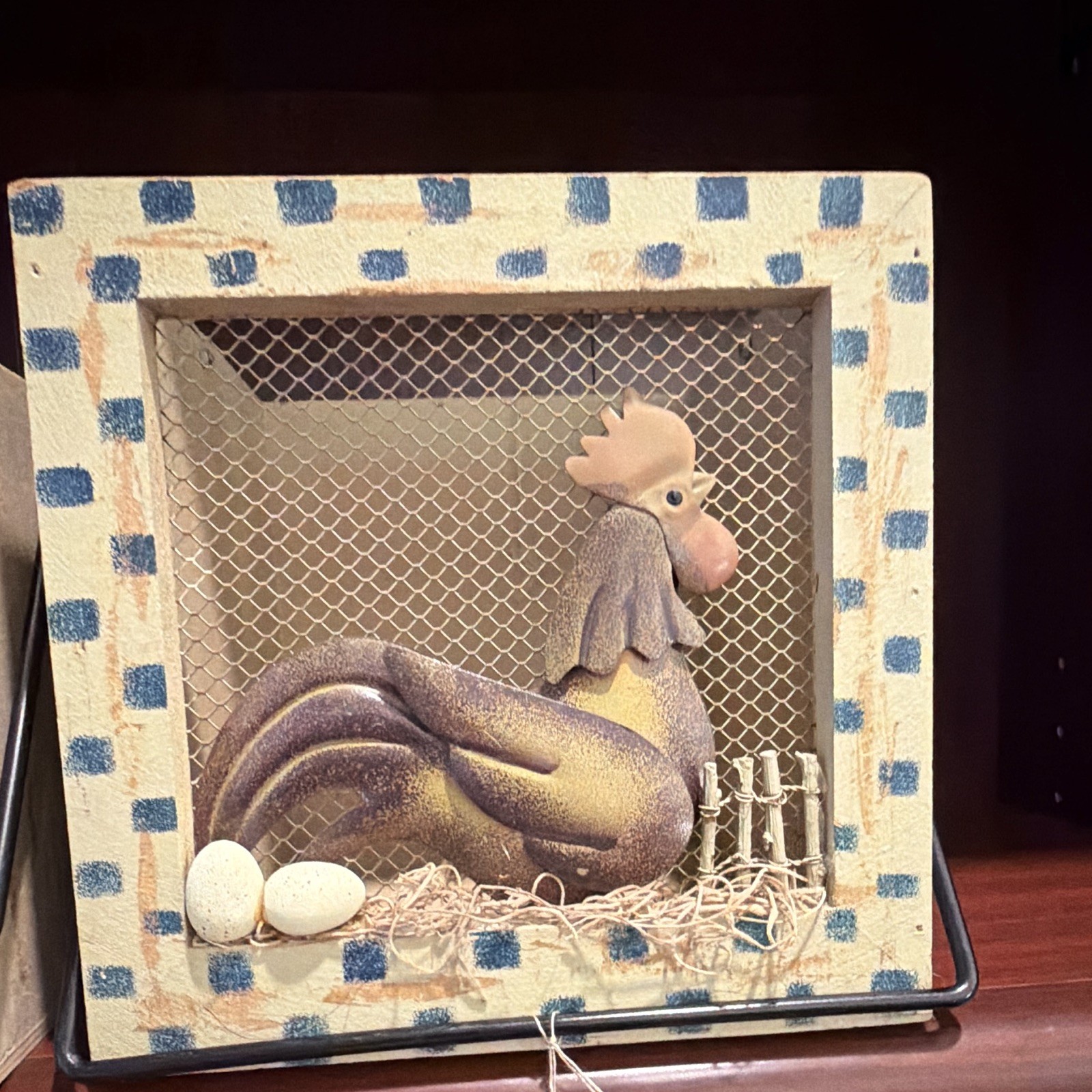 2pc Rooster Farm Box Decor, Blue Checkered Frame, Free Standing