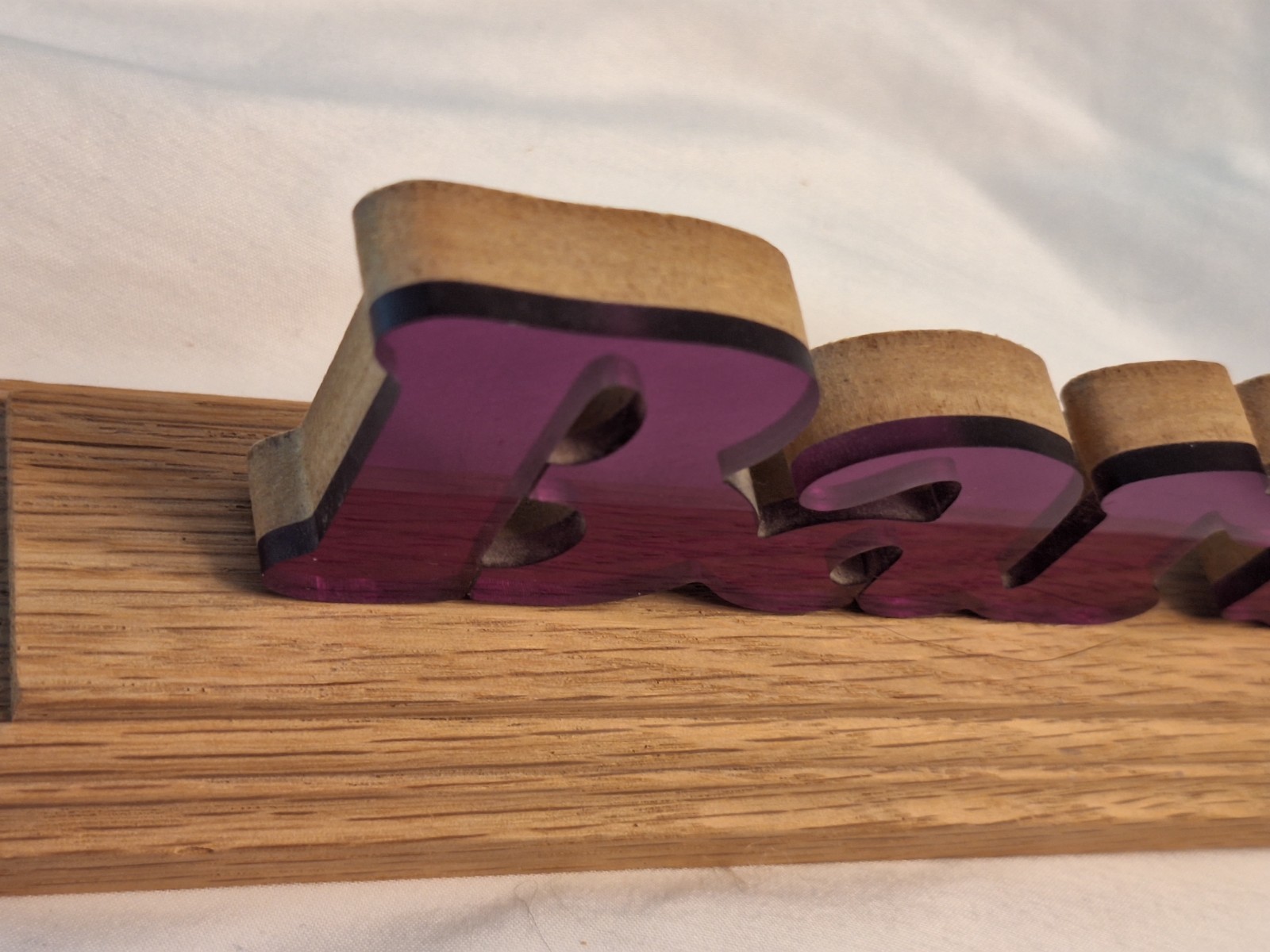 Personalized Name Desk Plaque “BARB” Purple Metallic Letters On Wood 7″ Long