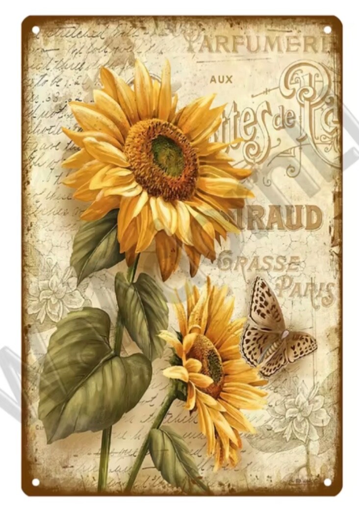 Vintage Metal Sign French Country Floral SUNFLOWER 8 x 12