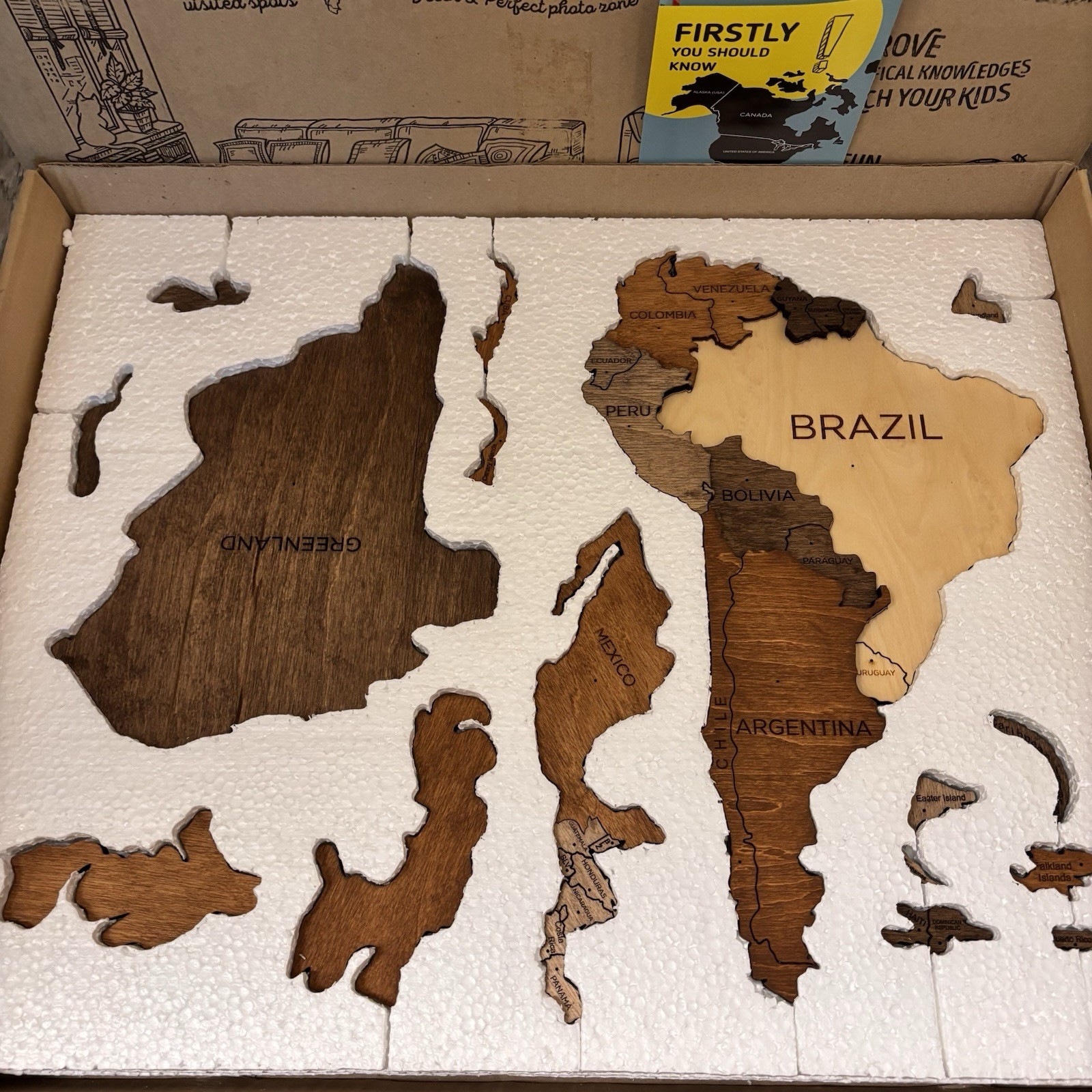 3D Wooden World Map wall art set Enjoy The Wood, New In Damaged Box 59×35” L