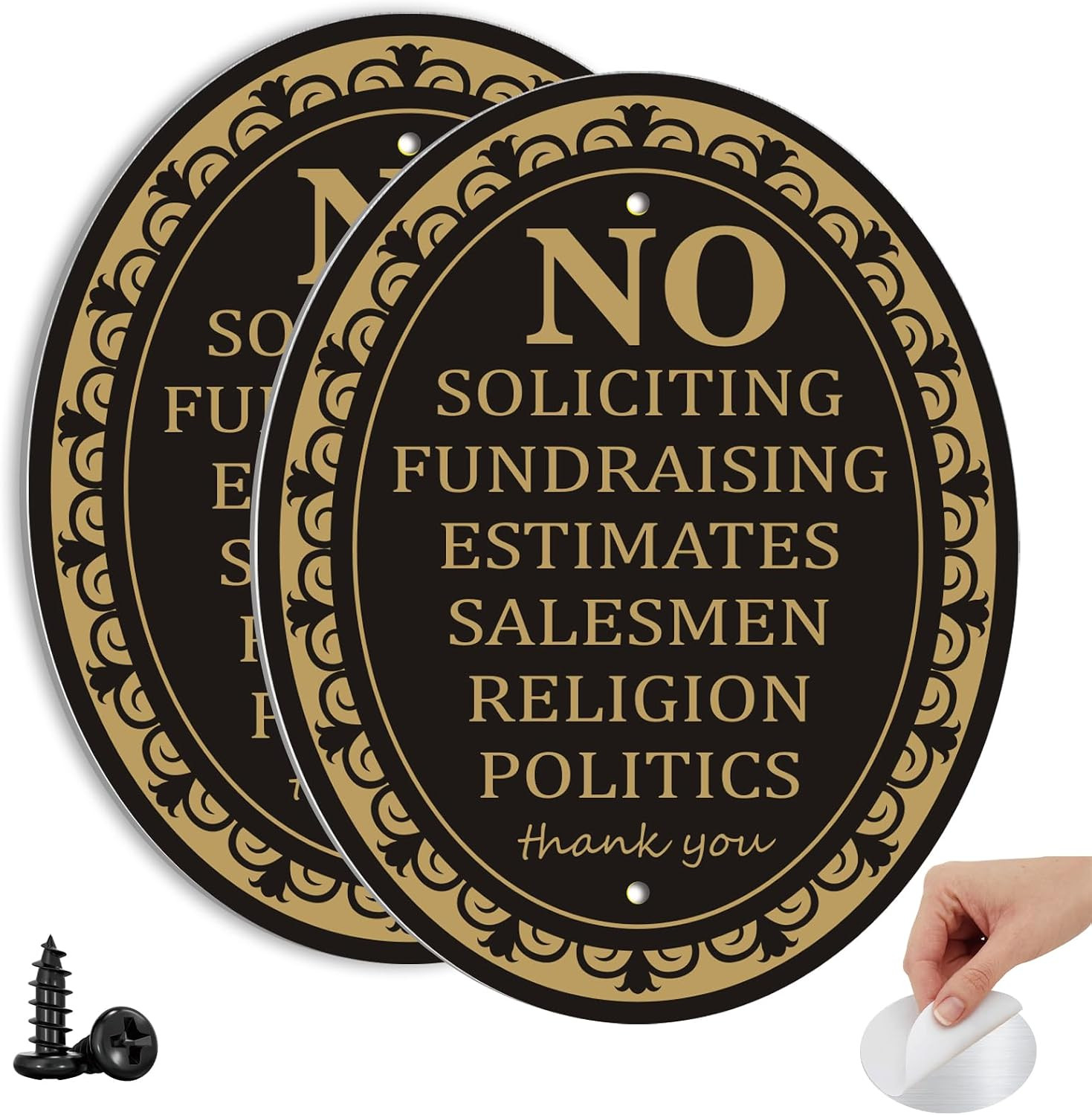 (2 Pack) Metal Self-adhesive No Soliciting Sign for Front Door – 6″ x 4.7″ Sm…