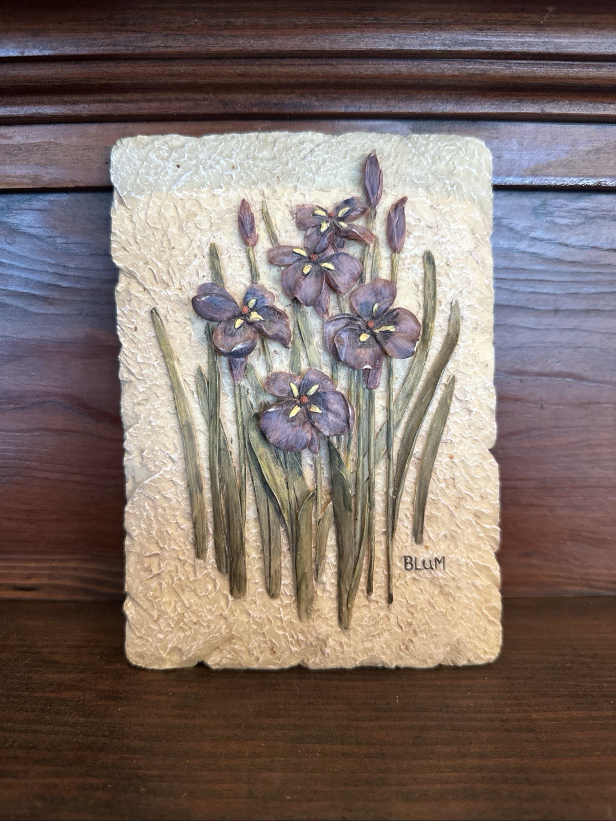 Vintage BLUM Iris Relief Wall Plaque – 3D Purple Floral Cottage Decor 4.75×6”
