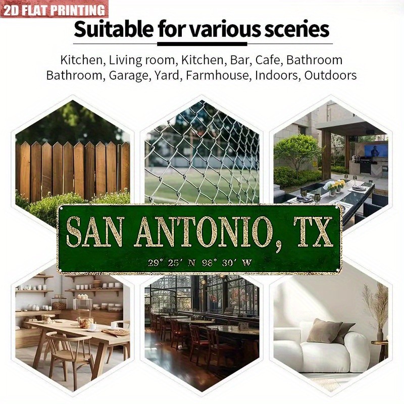 Distressed Green San Antonio TX Coordinates Metal Sign Texas City Cabin Decor