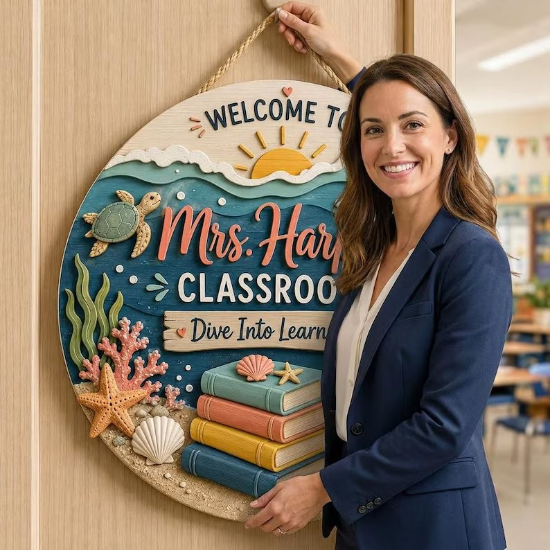 Custom Teacher Door Hanger, Beach Classroom Wooden Sign, School Gift