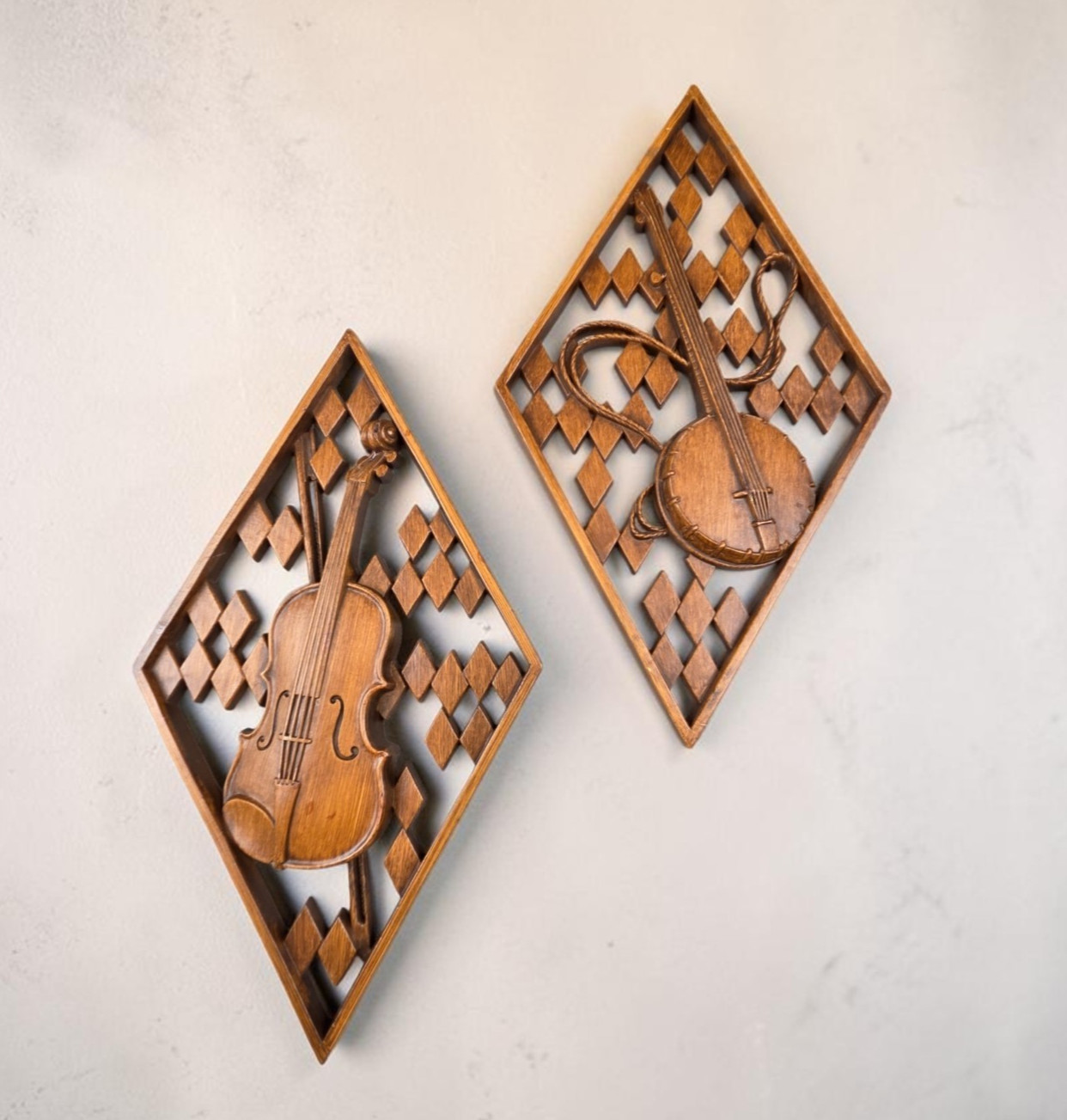 Vintage Set Of 1960s Mid Century Folk Art Musical Wall Plaques Of Violin & Banjo
