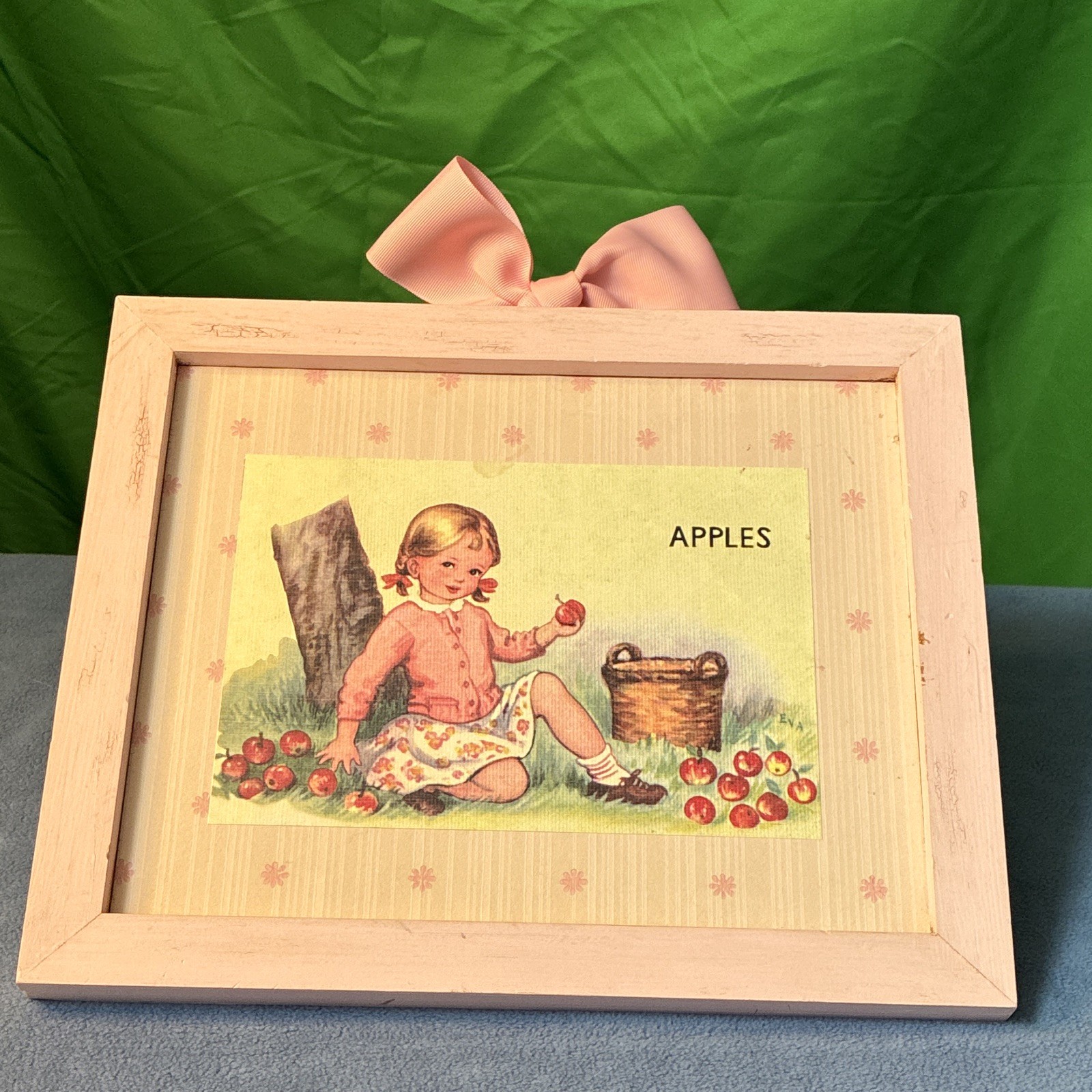 Vintage Framed Apples Wood Plaque, Ready to Hang, Pink/Beige-0058