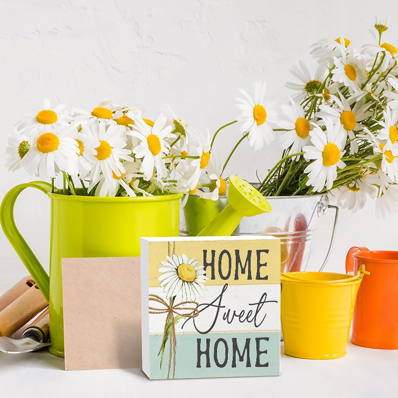 2D Desktop Square Daisy Flower Art Wooden Sign Home Office Room Decoration Gift