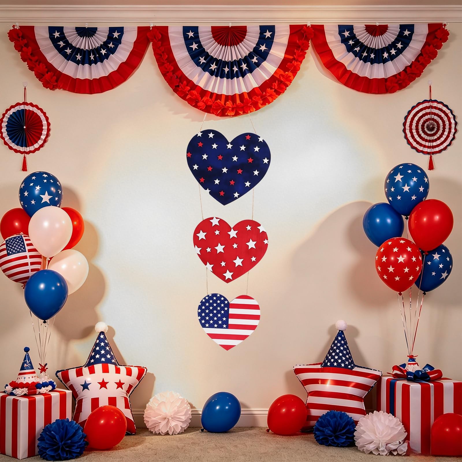 4Th of July Heart Door Hanger, 3-Layer Patriotic Welcome Sign, Red White Blue St