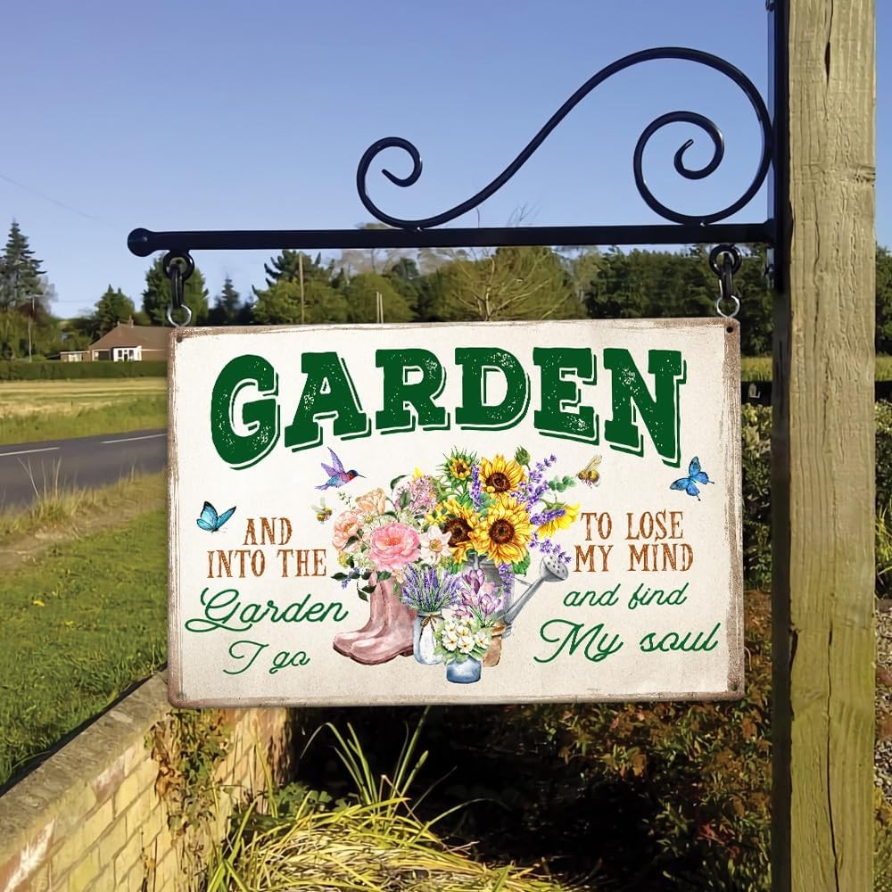 Garden Tin Metal Signs- ‘And Into The Garden I Go’ Outdoor Decor, Flowers Pla