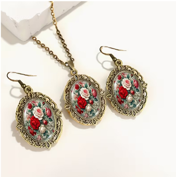 NECKLACE-3pcs Rose Multicolor Bouquet Necklace with Glass Pendant and Earrings