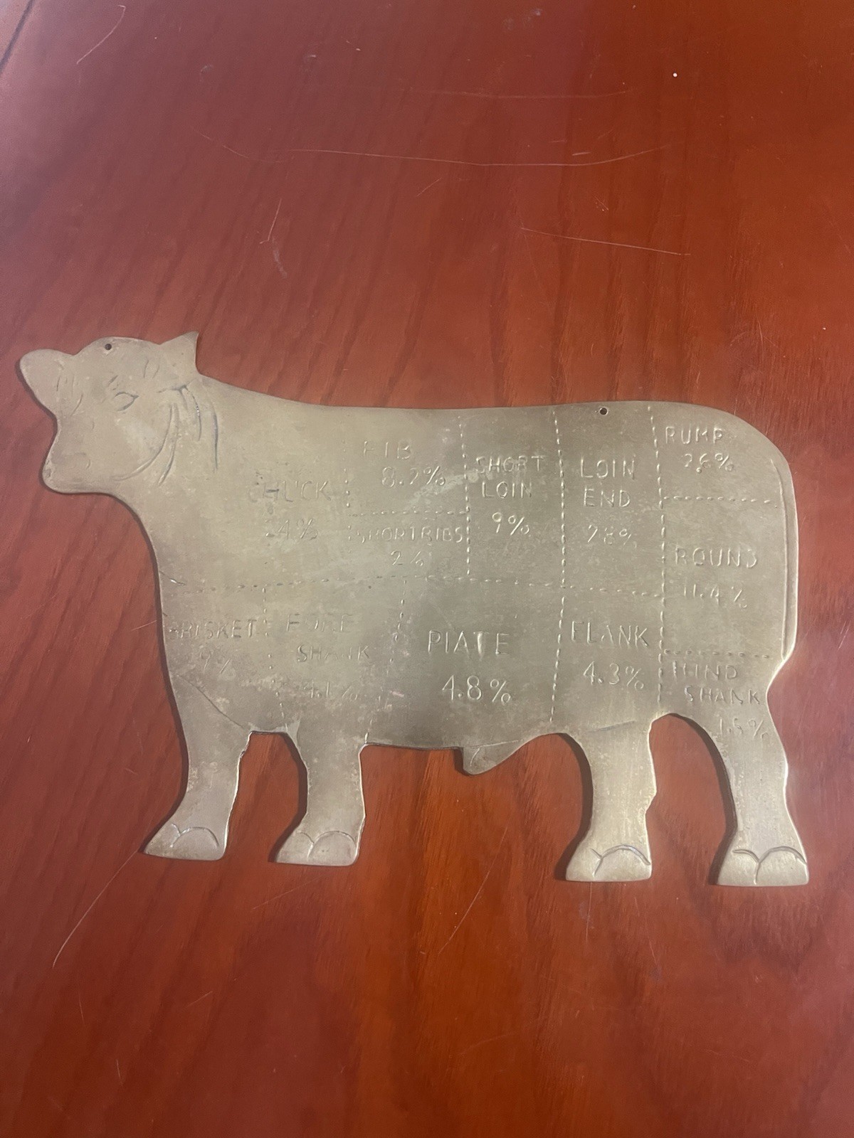 Vintage Brass Cow Butcher Cuts Wall Plaque Kitchen Decor 12” x 8”