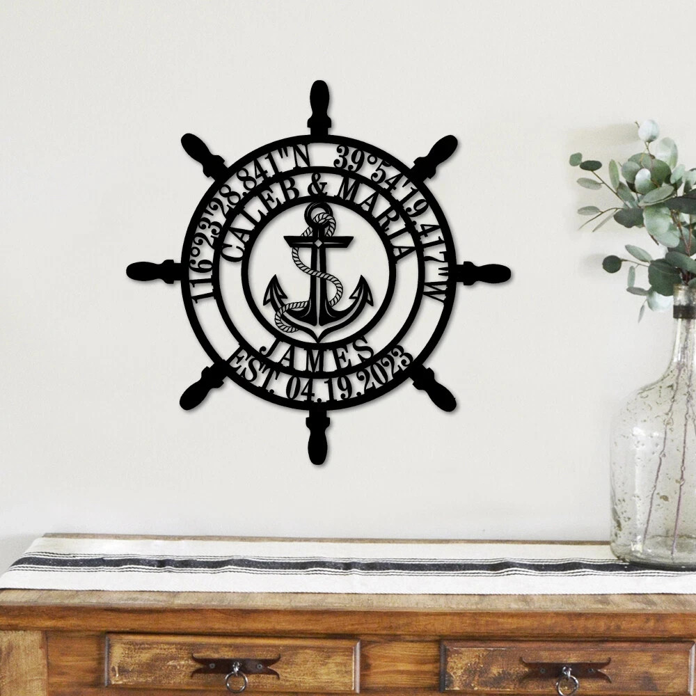 Personalized Ship Wheel Metal Sign Custom Nautical Coordinates Anchor Wall Decor