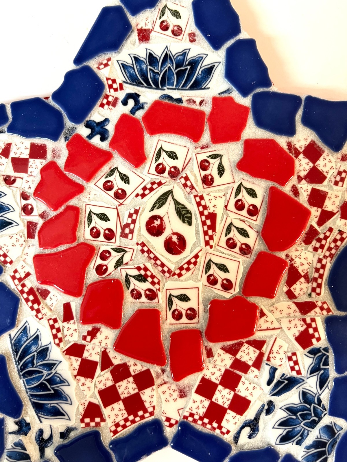 Handmade Mosaic Glass & Broken China Patriotic Red White Blue Star Wall Decor