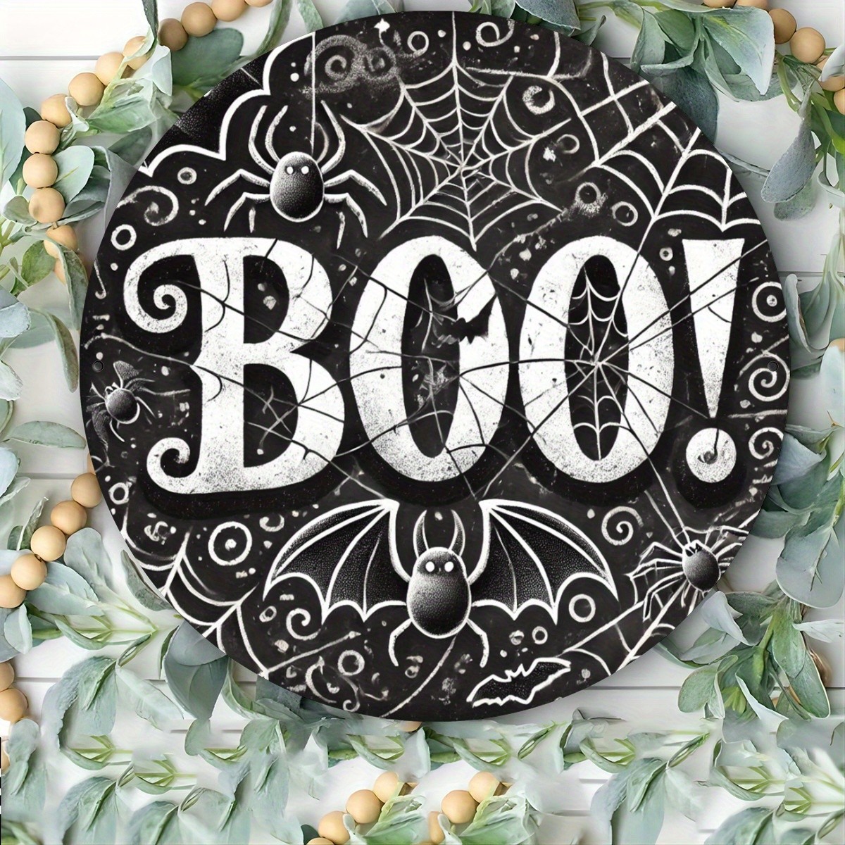Spooky “Boo!” & Spider Web Round Tin Metal Signs, 8×8 Inches – Festive Iron Deco