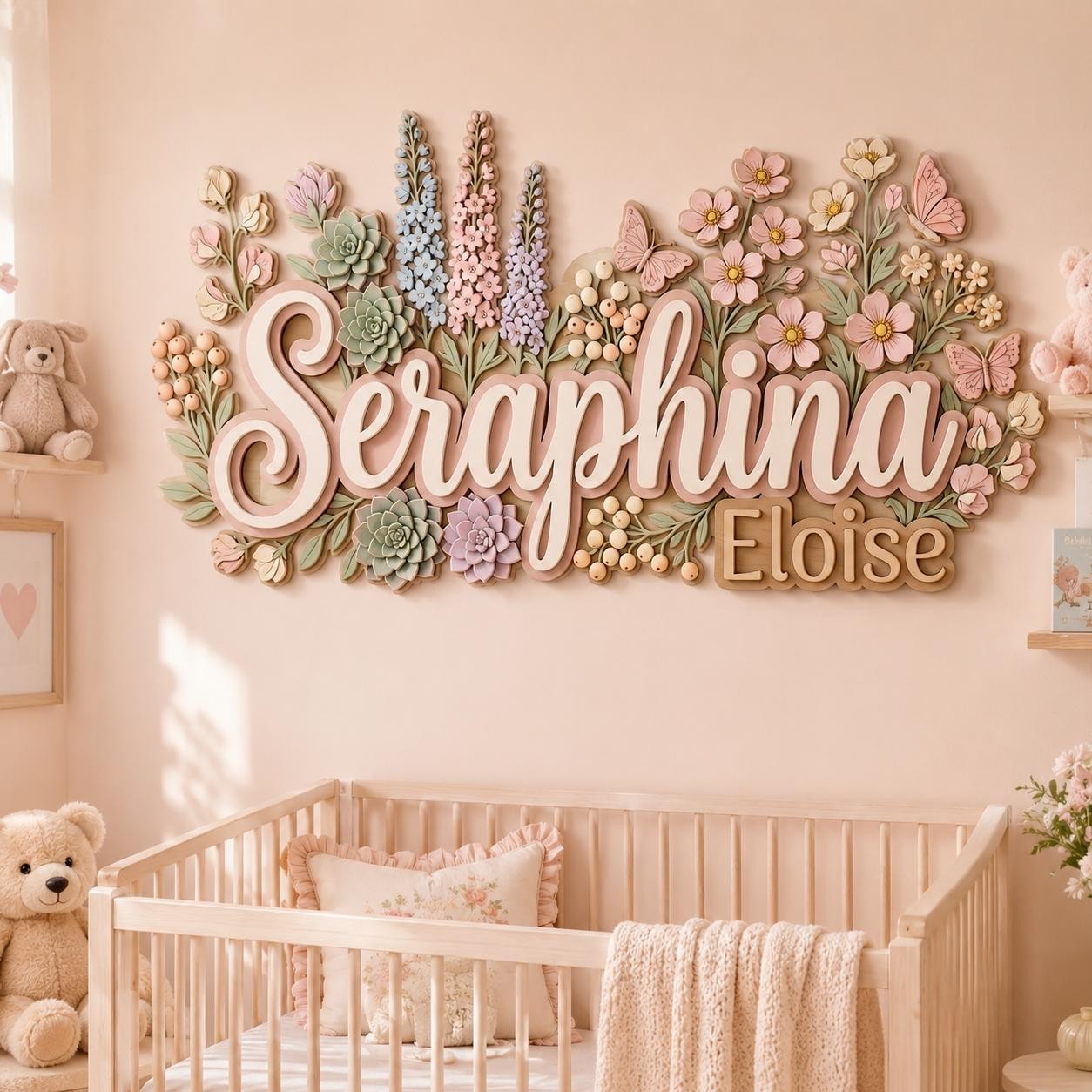 Flower Nursery Name Sign for Girls,Personalized 3D Wooden Baby Name Decor,Custom