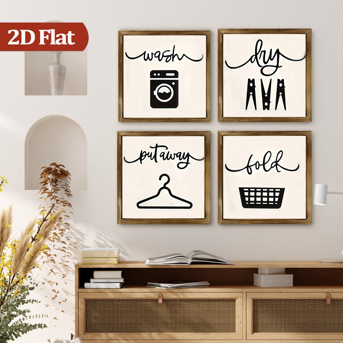 4Pcs Fold Wash Dry Wooden Sign Framed Laundry Room Farmhouse Wall Decor Gift