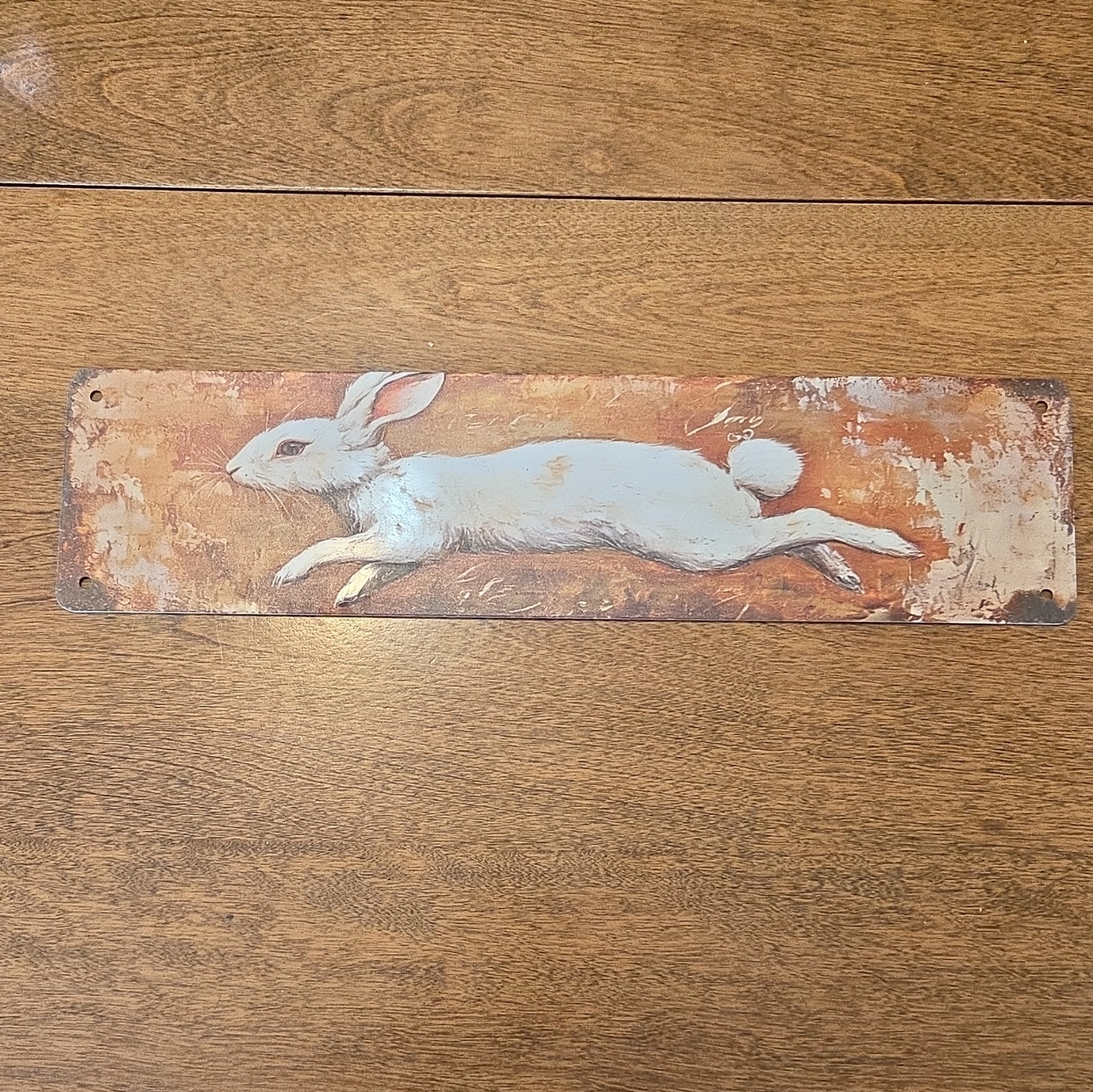 Rustic Distressed Wood Rabbit Sign Plaque, Rectangle Horizontal, Brown/White