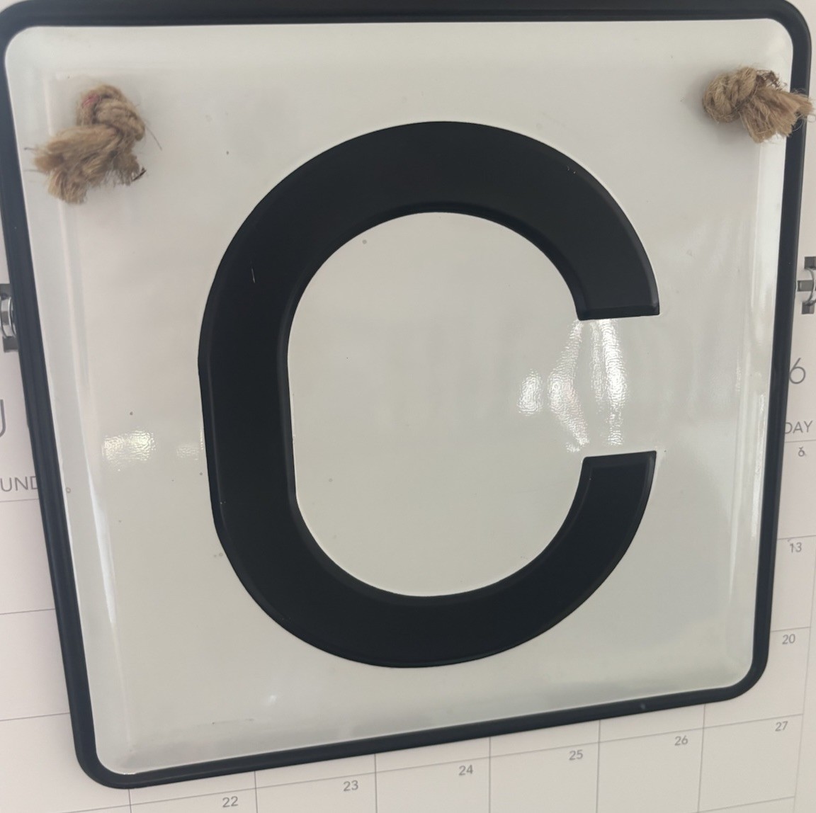Metal Hanging Wall Sign Letter C, White/Black Square Modern Decor Plaque
