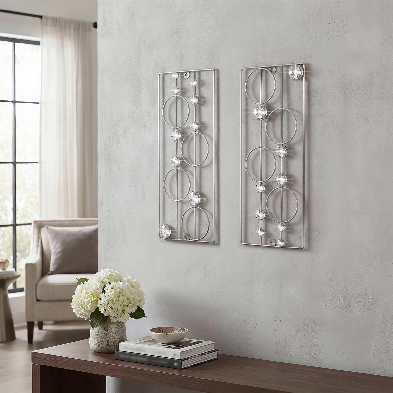 2 PCS Bling Abstract Metal Wall Art Minimalist Jeweled Crystal Geometric Decor