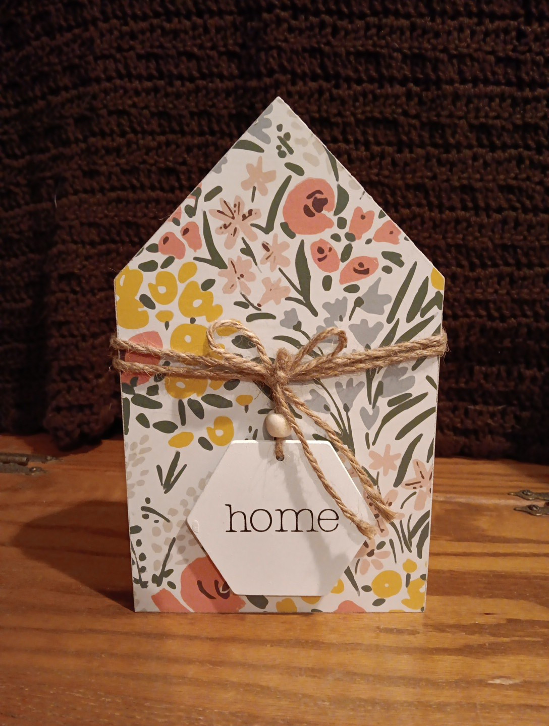 Cute 9.5 inch x 5.5inch Yellow Pink Flower Wooden sign says Home with accent Tag