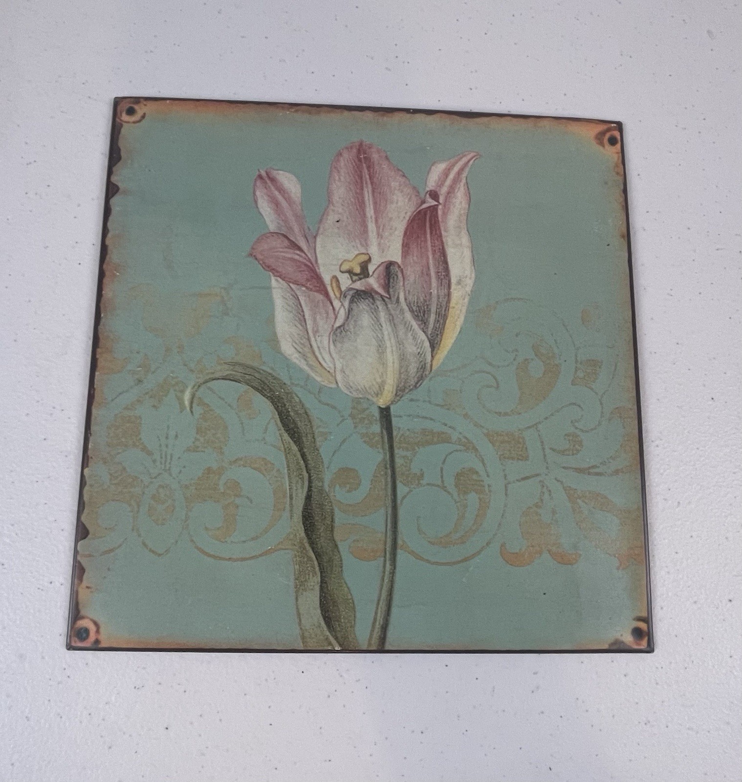 Vintage Looking 9” Tulip Flower Metal Signs with Hangers Decor for Home