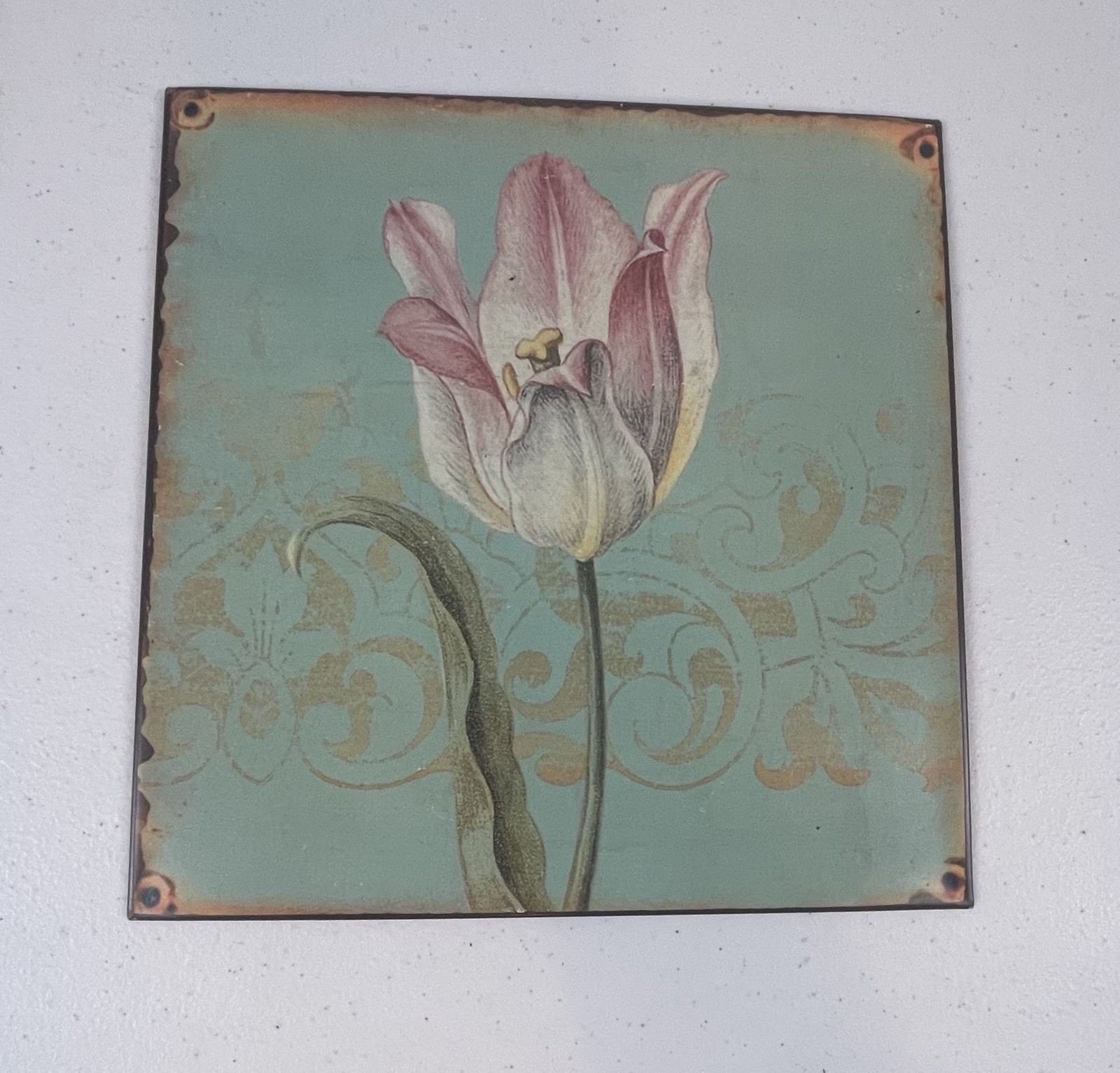 Vintage Looking 9” Tulip Flower Metal Signs with Hangers Decor for Home
