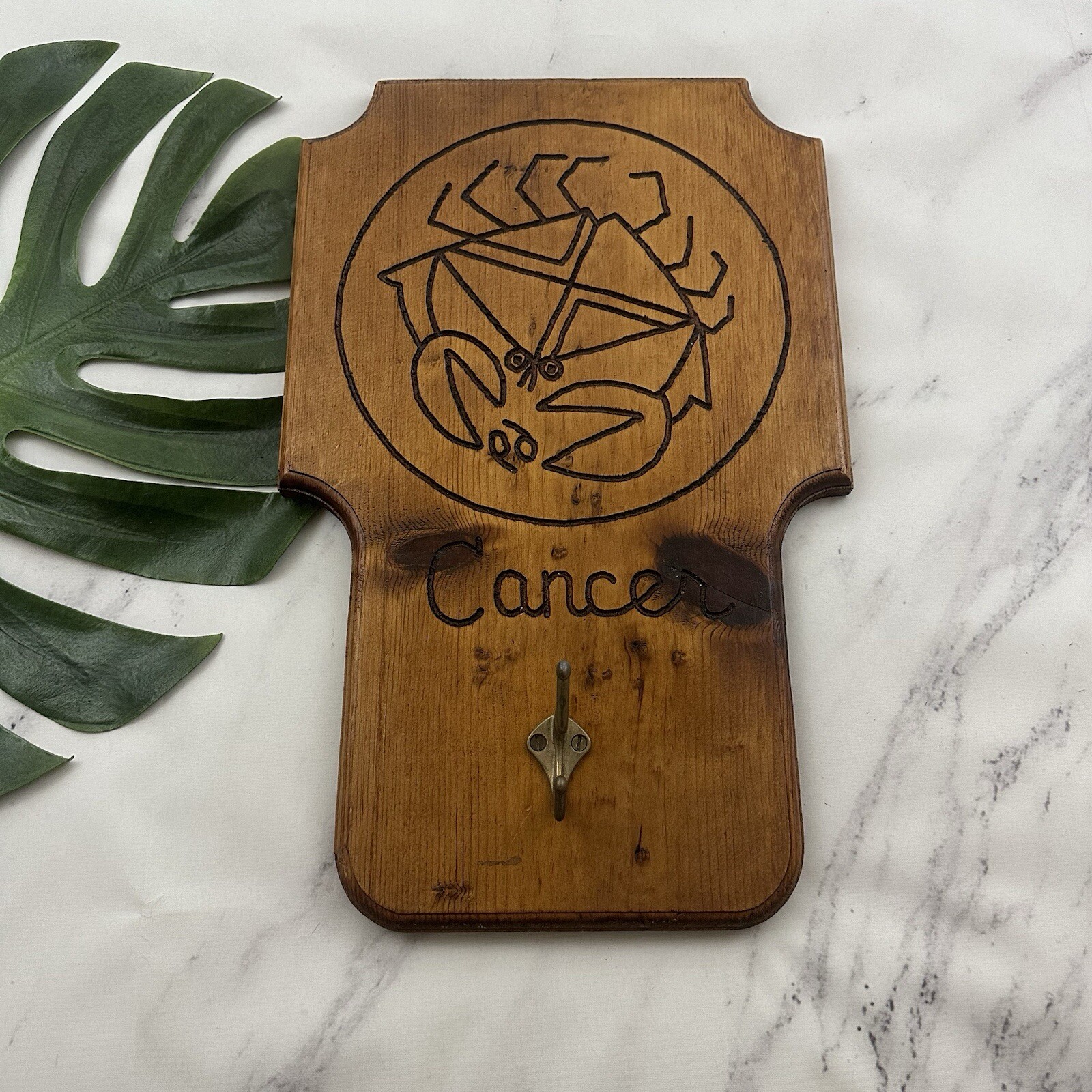 Vintage Handmade Cancer Zodiac Sign Wall Hanging Hook Decor Crab Star Carved