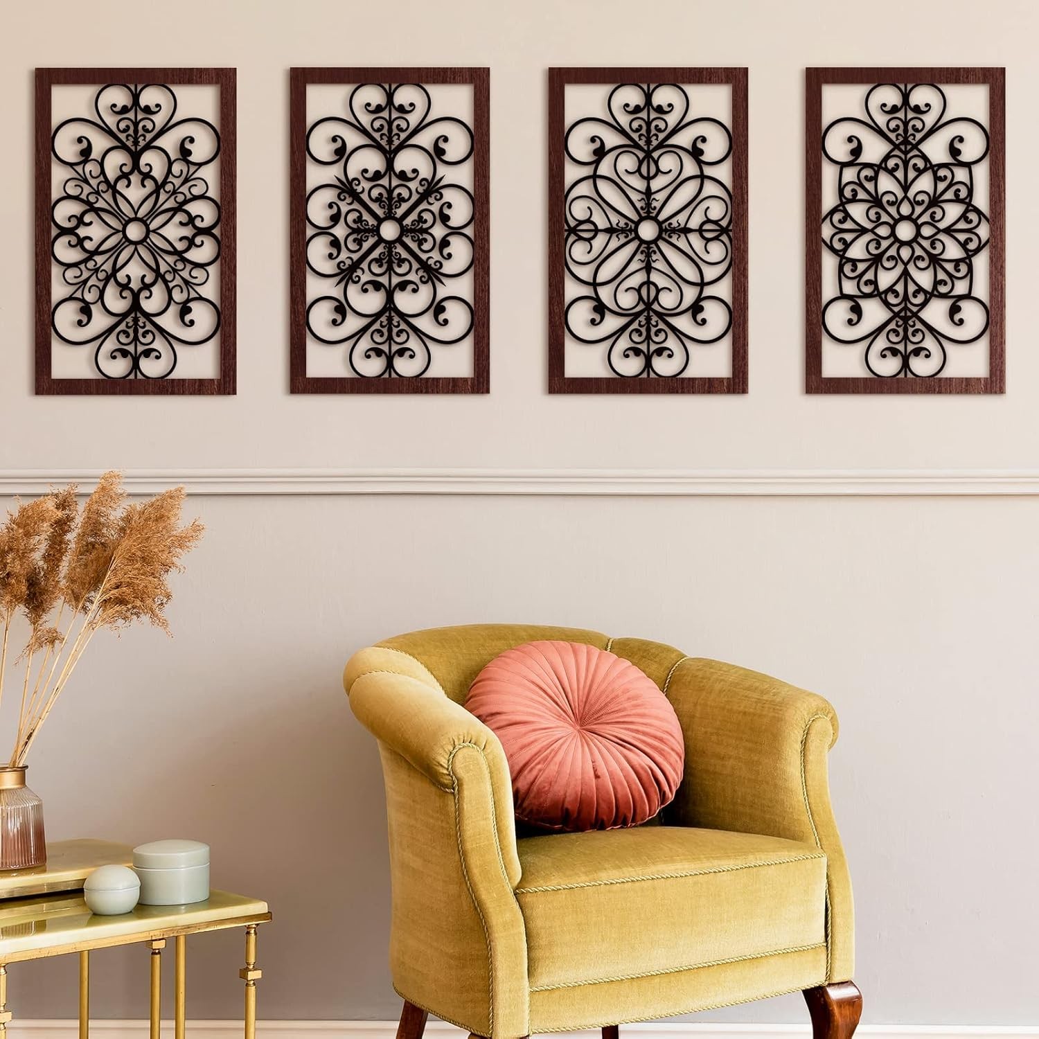 4 Pieces Thicken Rustic Wall Decor Modern Farmhouse Wooden Hollow Carved Design