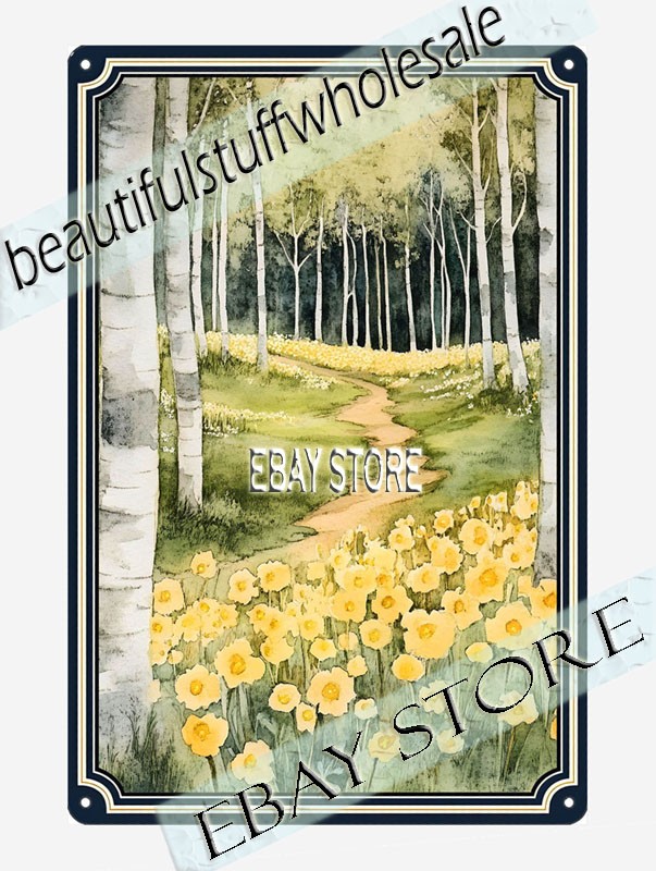 Daffodil Field Metal Tin Sign Birch Road morning walk contemporary wall decor