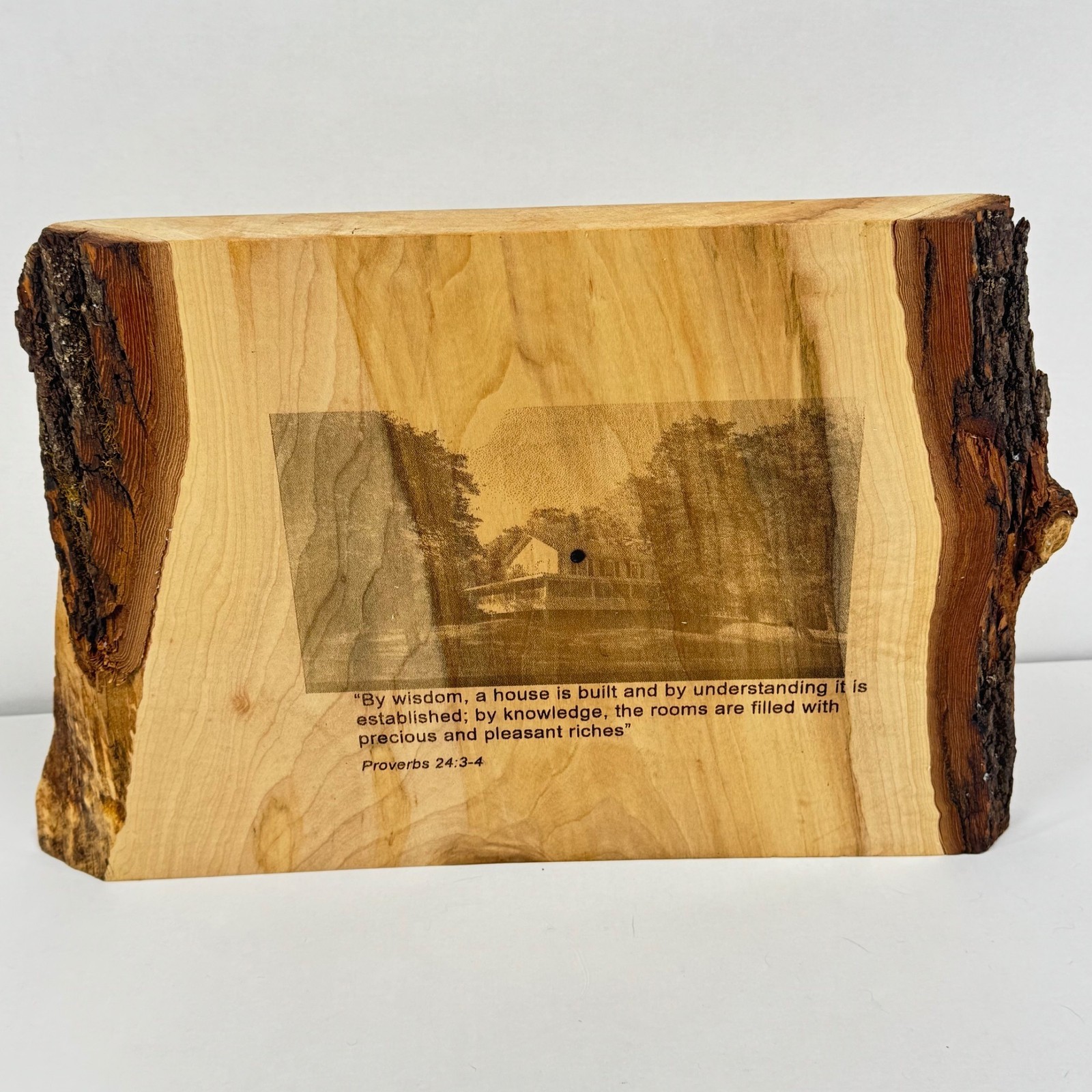 Christian Wood Plaque Proverbs 24:3-4 Etching Rustic Decor Farmhouse Bark
