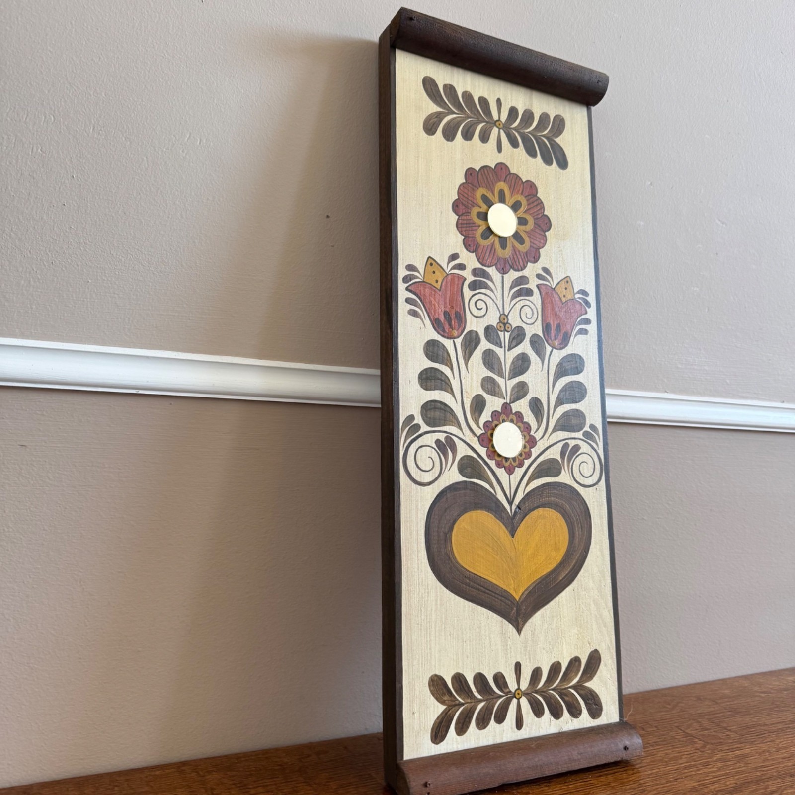 Hand-Painted Folk Art Wooden Wall Plaque With Heart & Floral Design