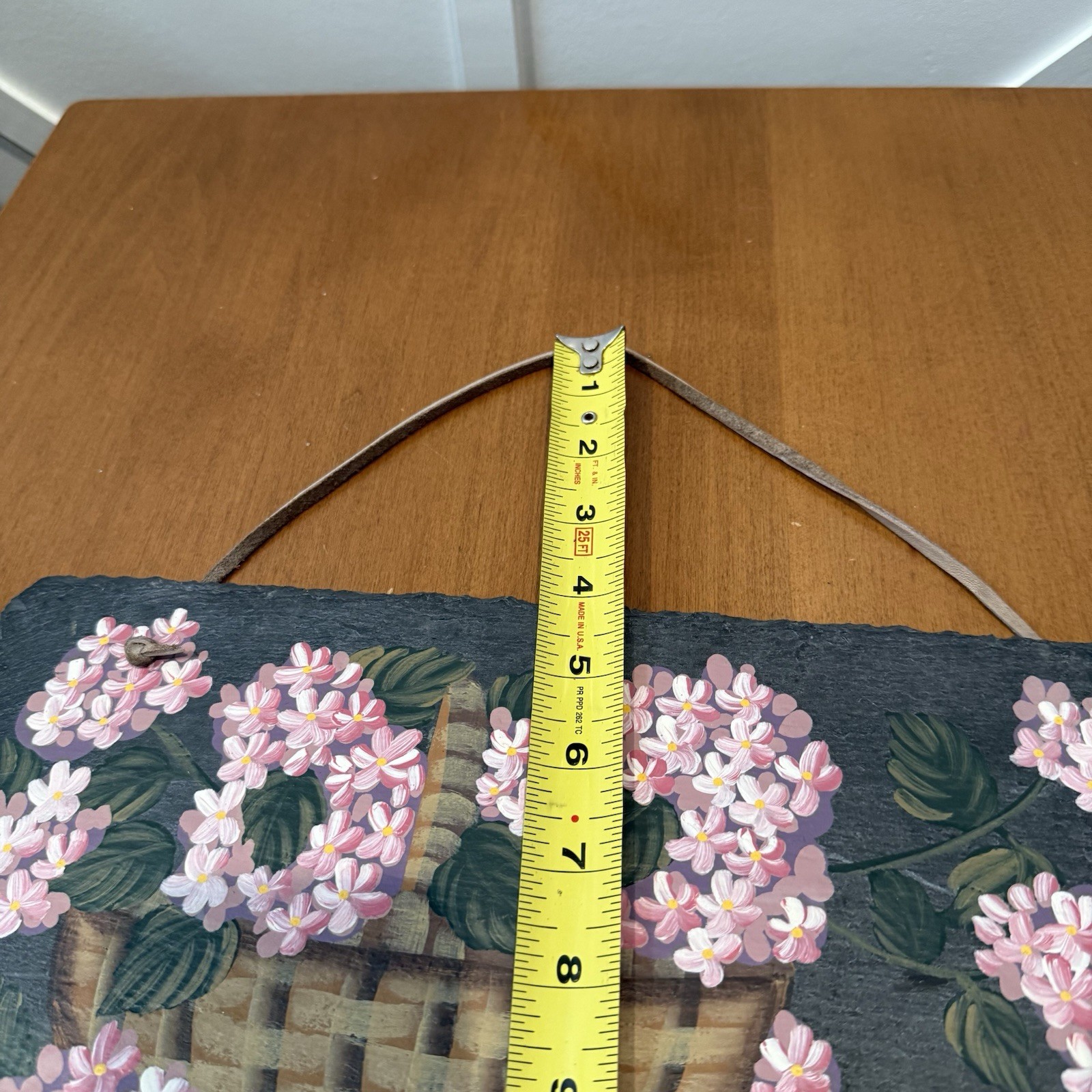 Natural Slate Handpainted Pink White Flower Basket Plaque Folk Art Farmhouse