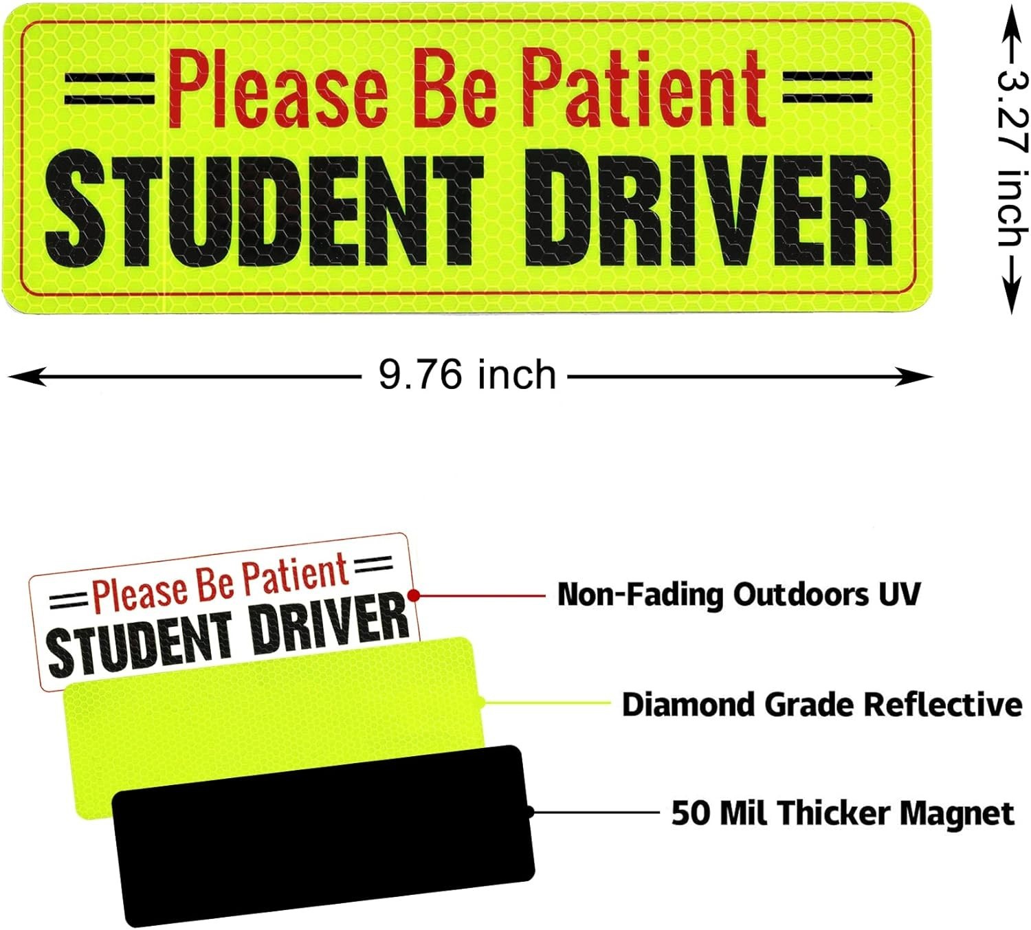 Student Driver Magnet – Please Be Patient, Magnetic Sign, 3Pcs Reflective Novice